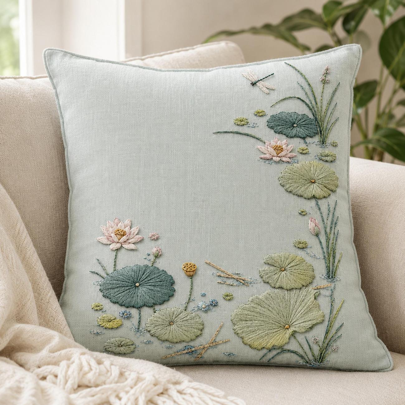 Water Garden Lotus Leaf finished hoop hero for the digital hand embroidery pattern and stitch guide