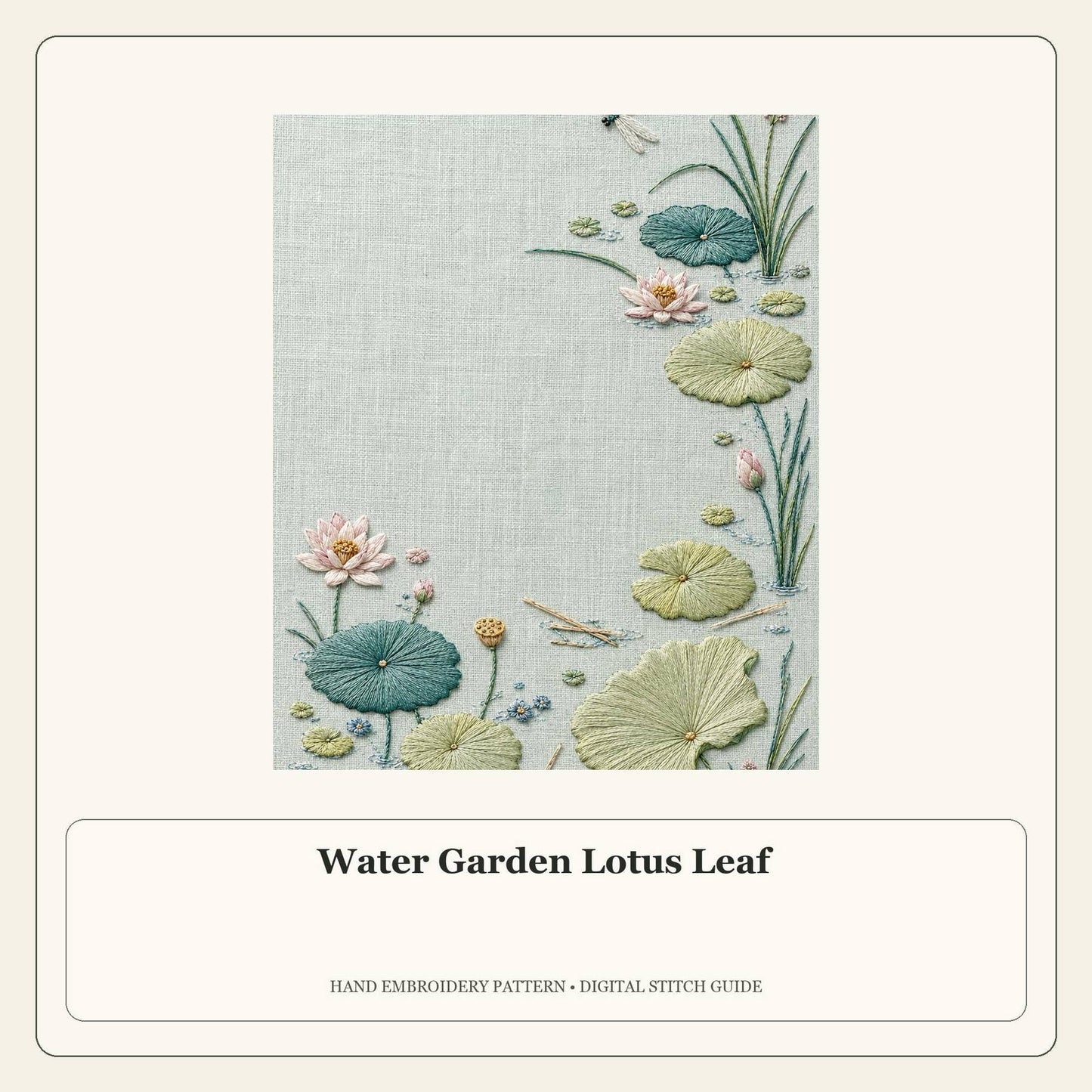 Water Garden Lotus Leaf stitch guide cover for the digital hand embroidery pattern and stitch guide