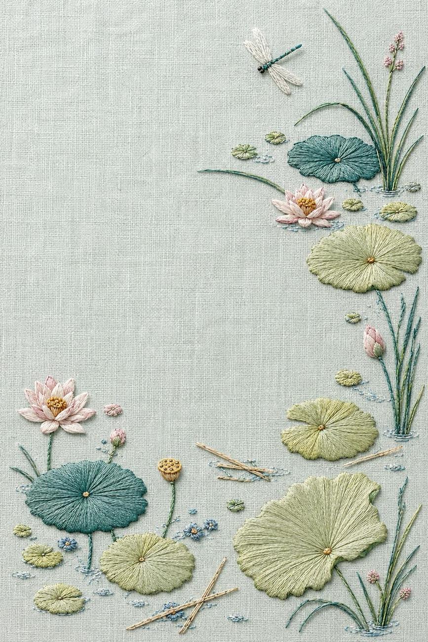 Water Garden Lotus Leaf finished embroidery reference for the digital hand embroidery pattern and stitch guide