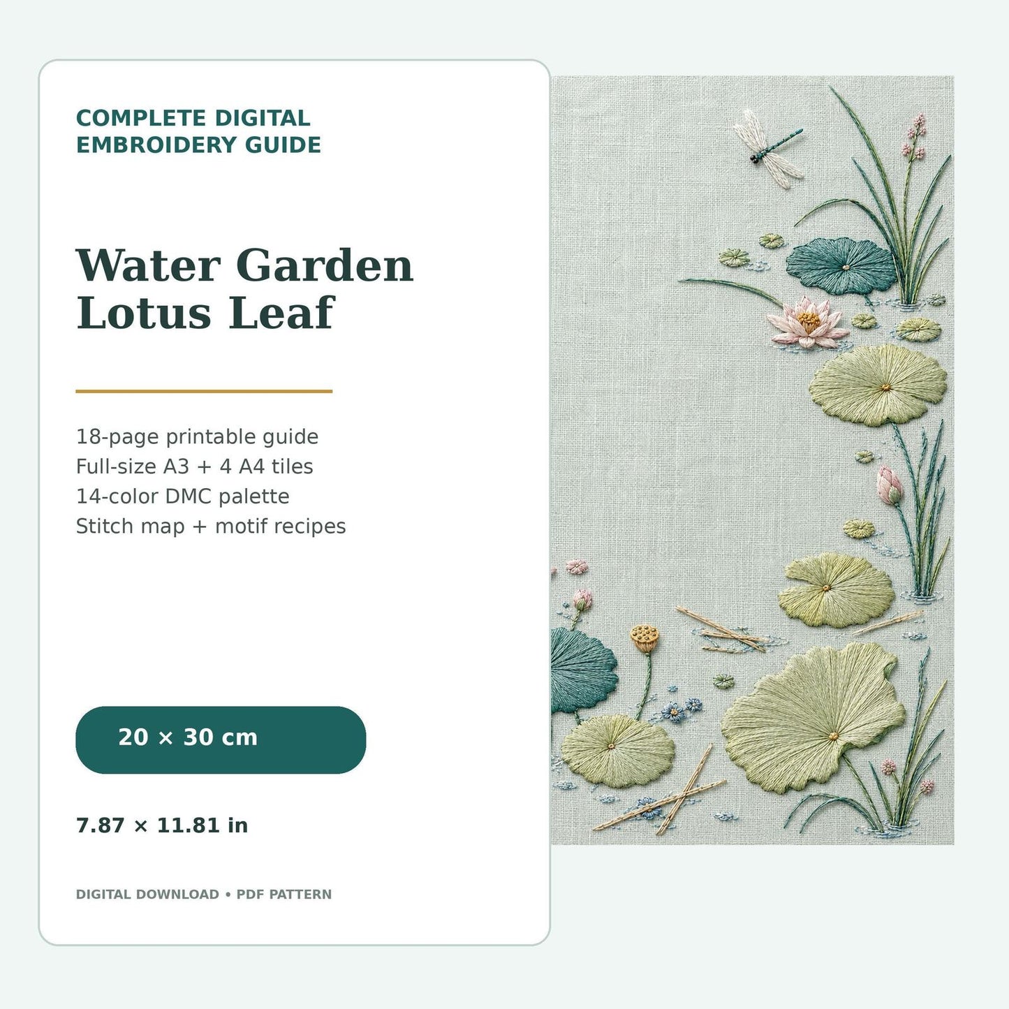 Water Garden Lotus Leaf pattern edition overview for the digital hand embroidery pattern and stitch guide