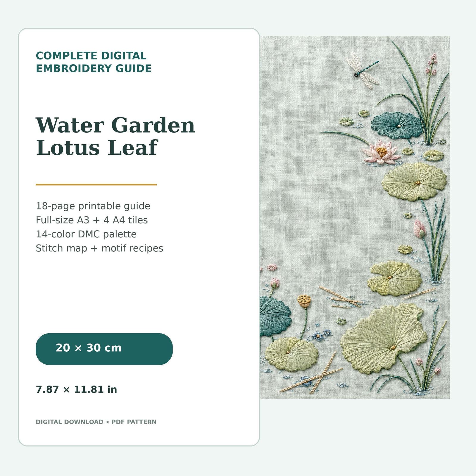 Water Garden Lotus Leaf pattern edition overview for the digital hand embroidery pattern and stitch guide