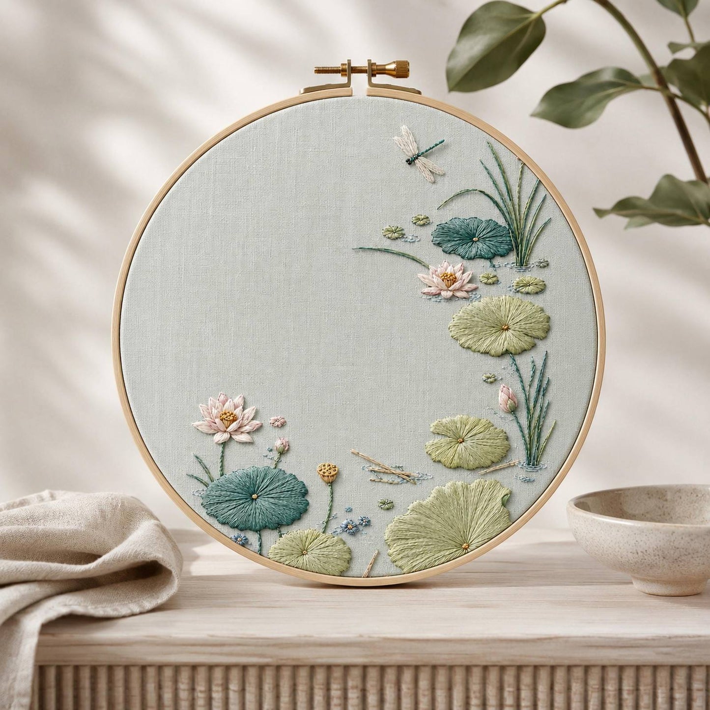 Water Garden Lotus Leaf embroidered project idea for the digital hand embroidery pattern and stitch guide