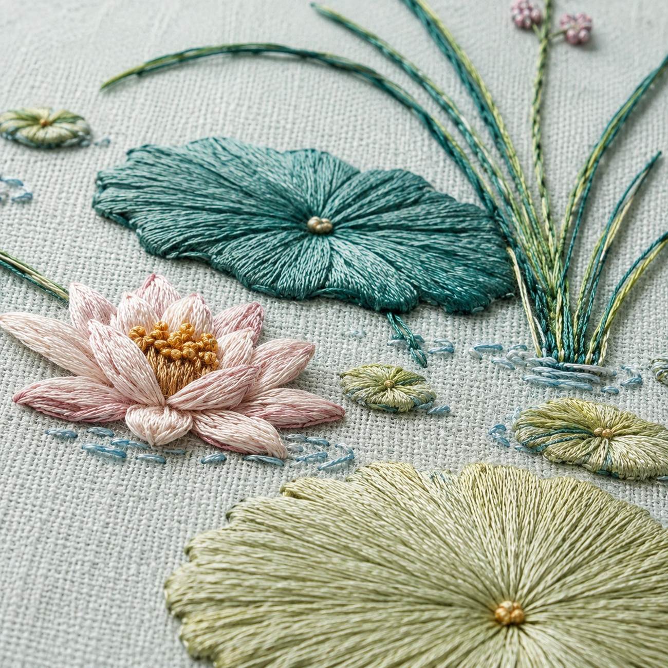 Water Garden Lotus Leaf stitch detail closeup for the digital hand embroidery pattern and stitch guide