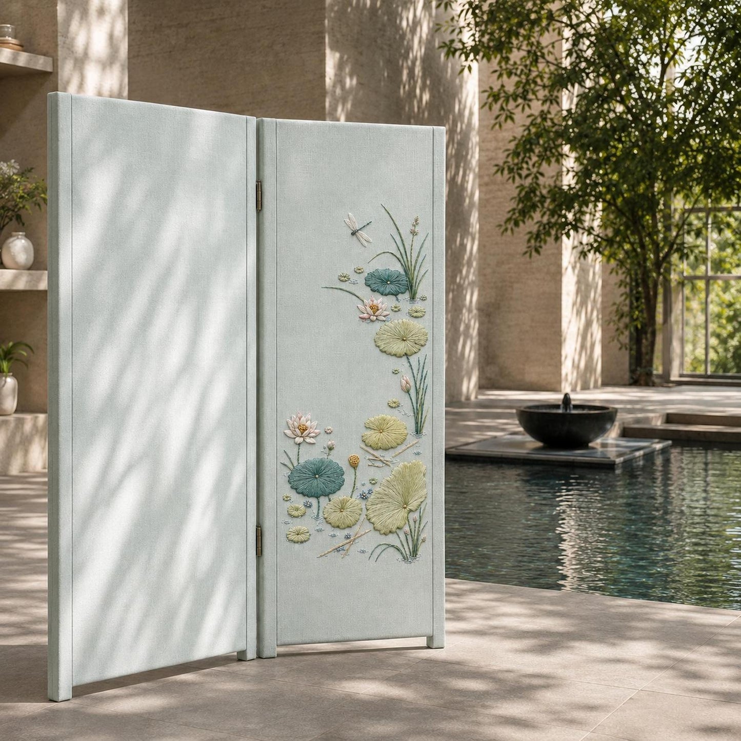 Water Garden Lotus Leaf framed textile display for the digital hand embroidery pattern and stitch guide