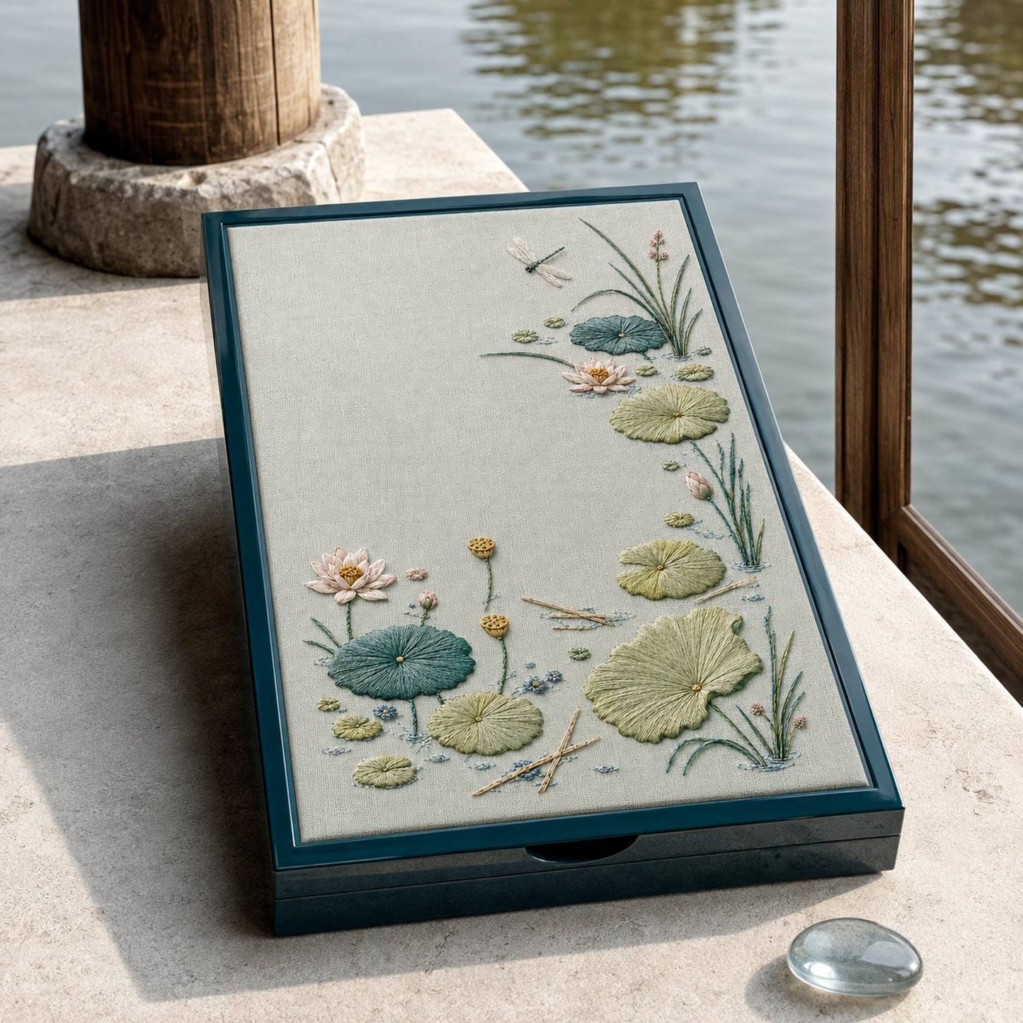 Water Garden Lotus Leaf embroidery portfolio display for the digital hand embroidery pattern and stitch guide