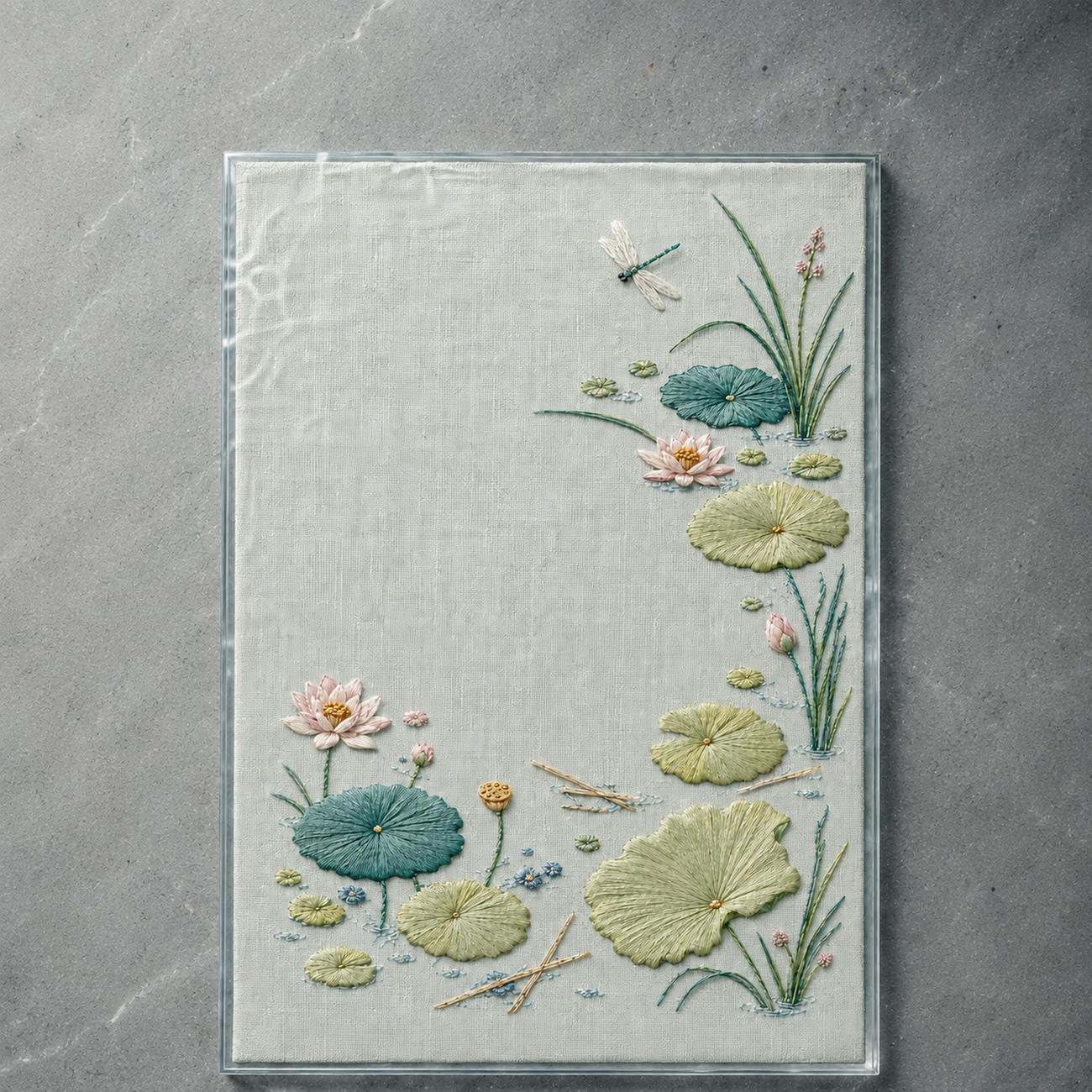 Water Garden Lotus Leaf finished design flatlay for the digital hand embroidery pattern and stitch guide