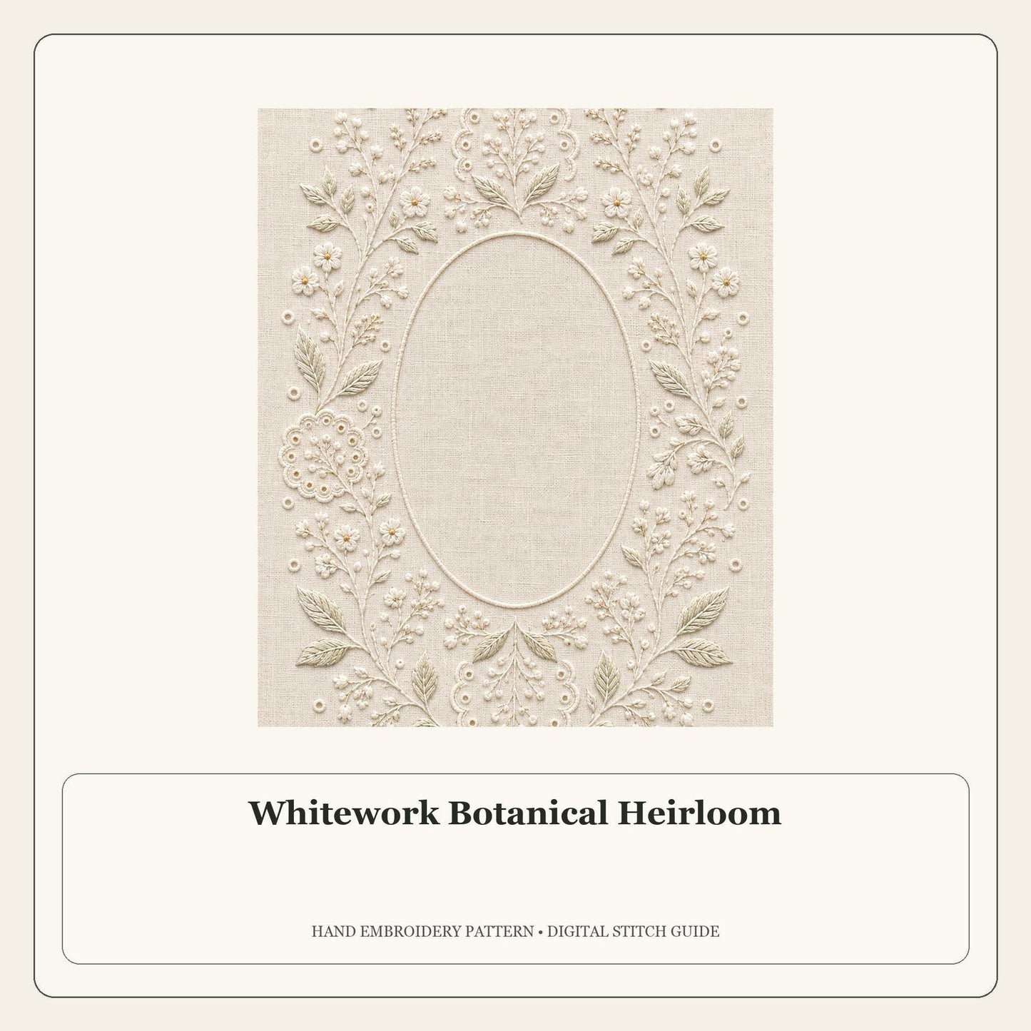 Whitework Botanical Heirloom stitch guide cover for the digital hand embroidery pattern and stitch guide