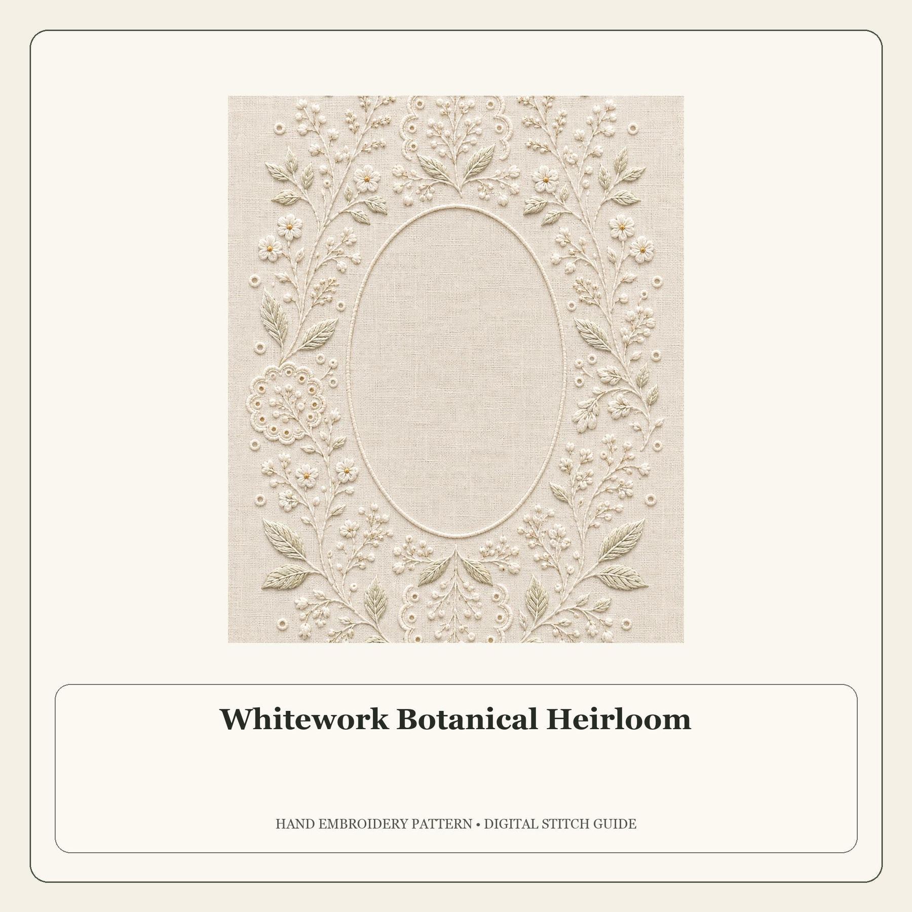 Whitework Botanical Heirloom stitch guide cover for the digital hand embroidery pattern and stitch guide