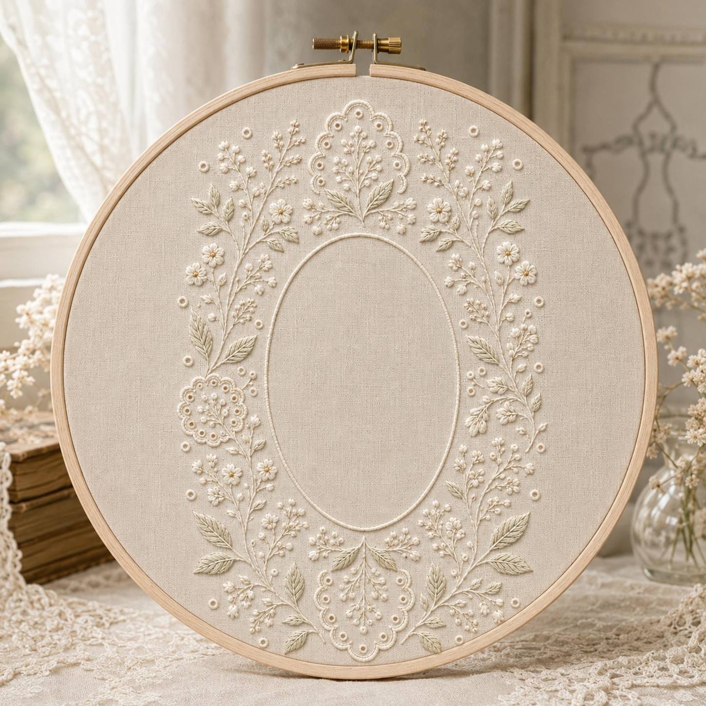 Whitework Botanical Heirloom stitch detail closeup for the digital hand embroidery pattern and stitch guide