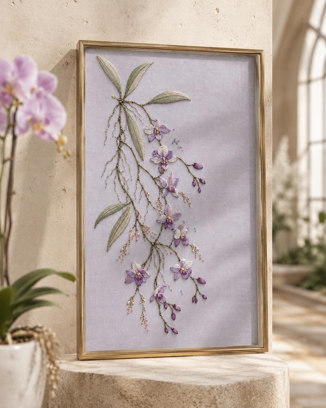 Wild Orchid Floating Stem finished hoop hero for the digital hand embroidery pattern and stitch guide