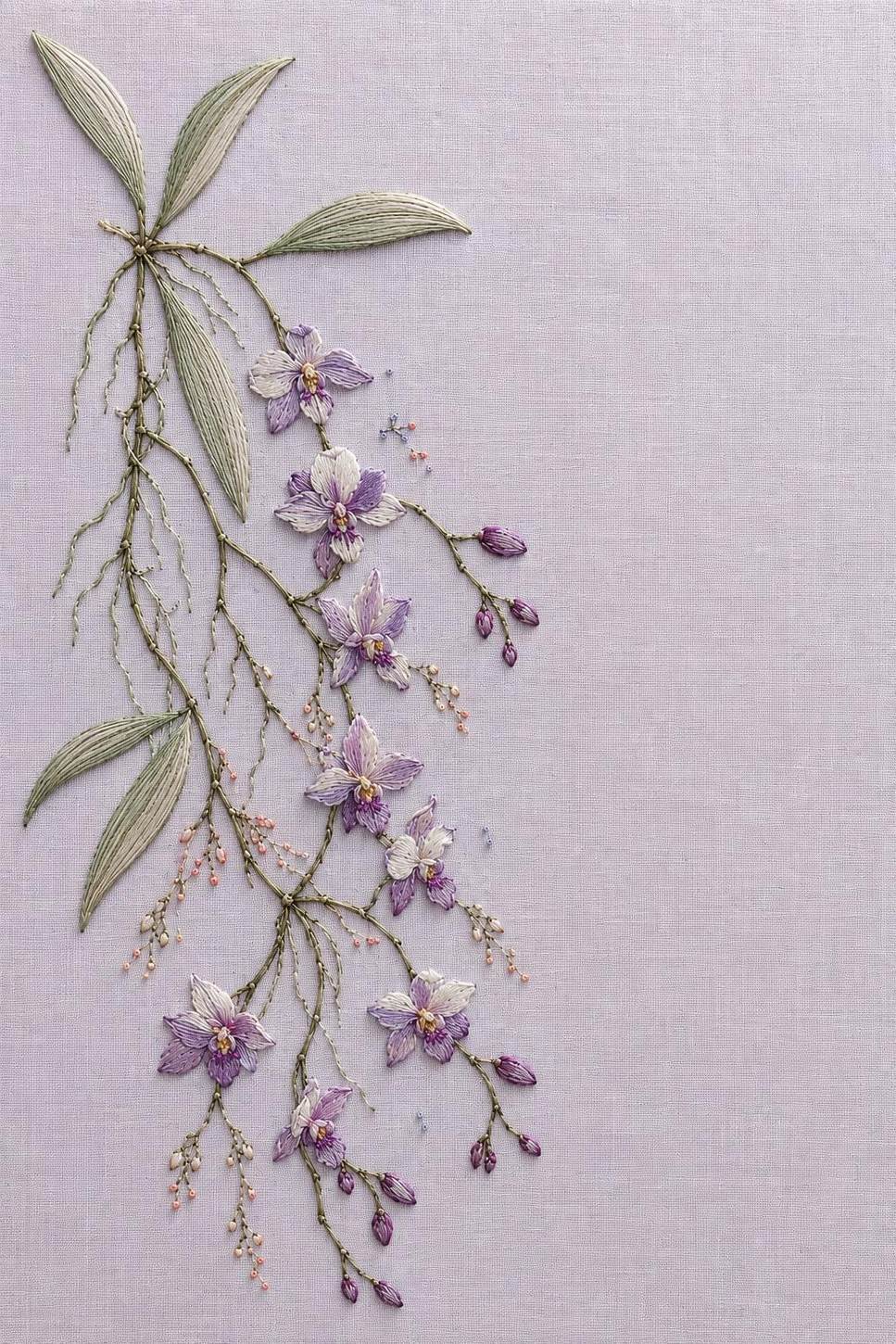 Wild Orchid Floating Stem finished embroidery reference for the digital hand embroidery pattern and stitch guide