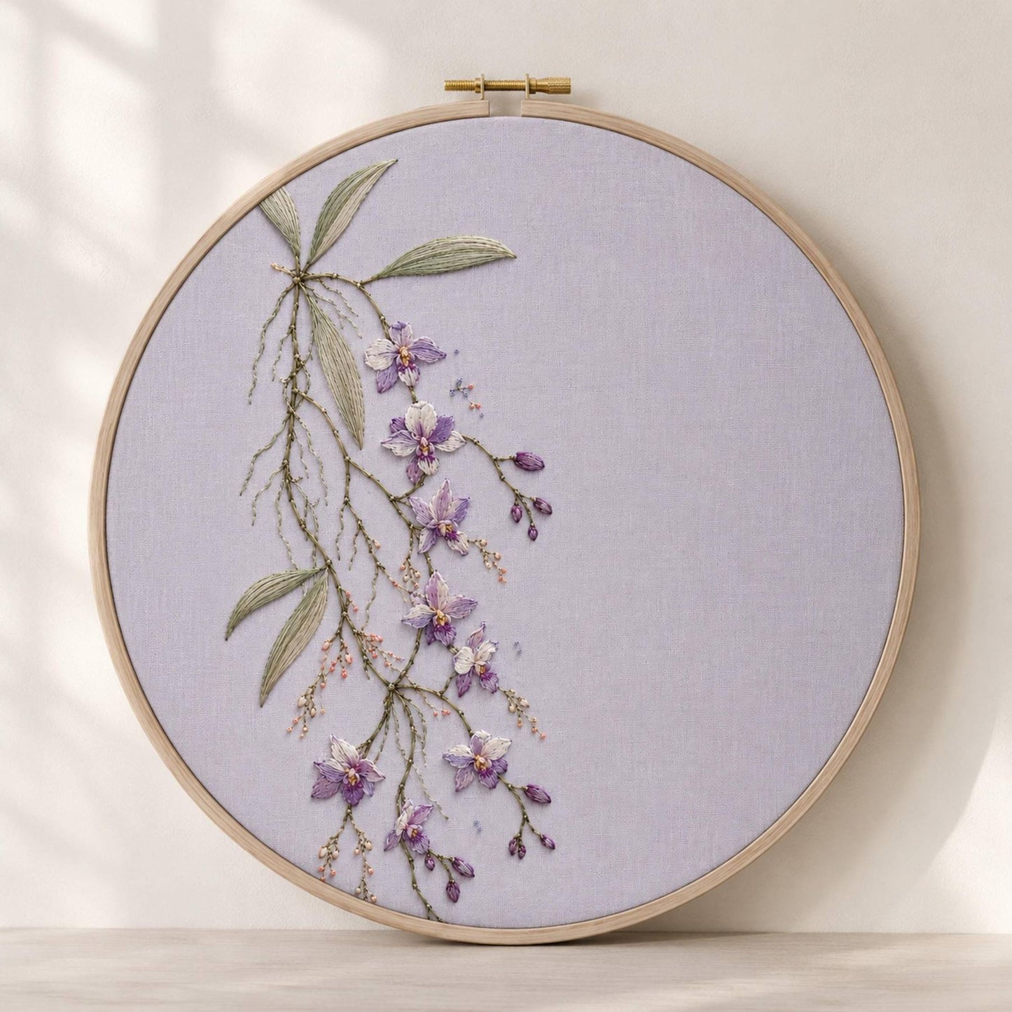 Wild Orchid Floating Stem embroidered project idea for the digital hand embroidery pattern and stitch guide