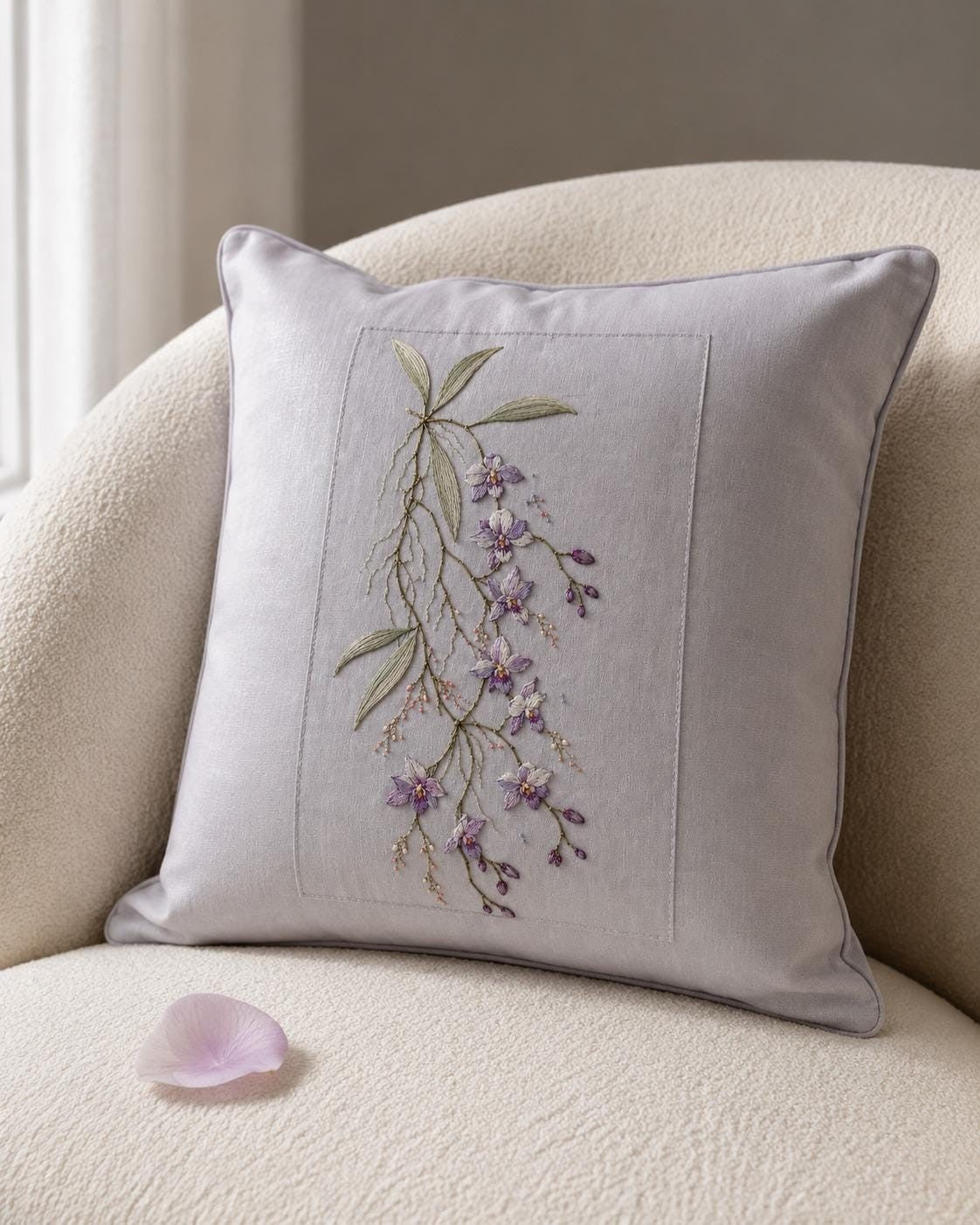 Wild Orchid Floating Stem embroidery portfolio display for the digital hand embroidery pattern and stitch guide