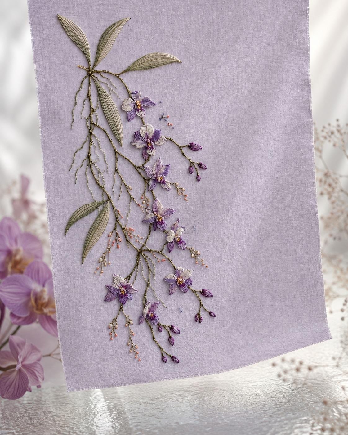 Wild Orchid Floating Stem finished design flatlay for the digital hand embroidery pattern and stitch guide
