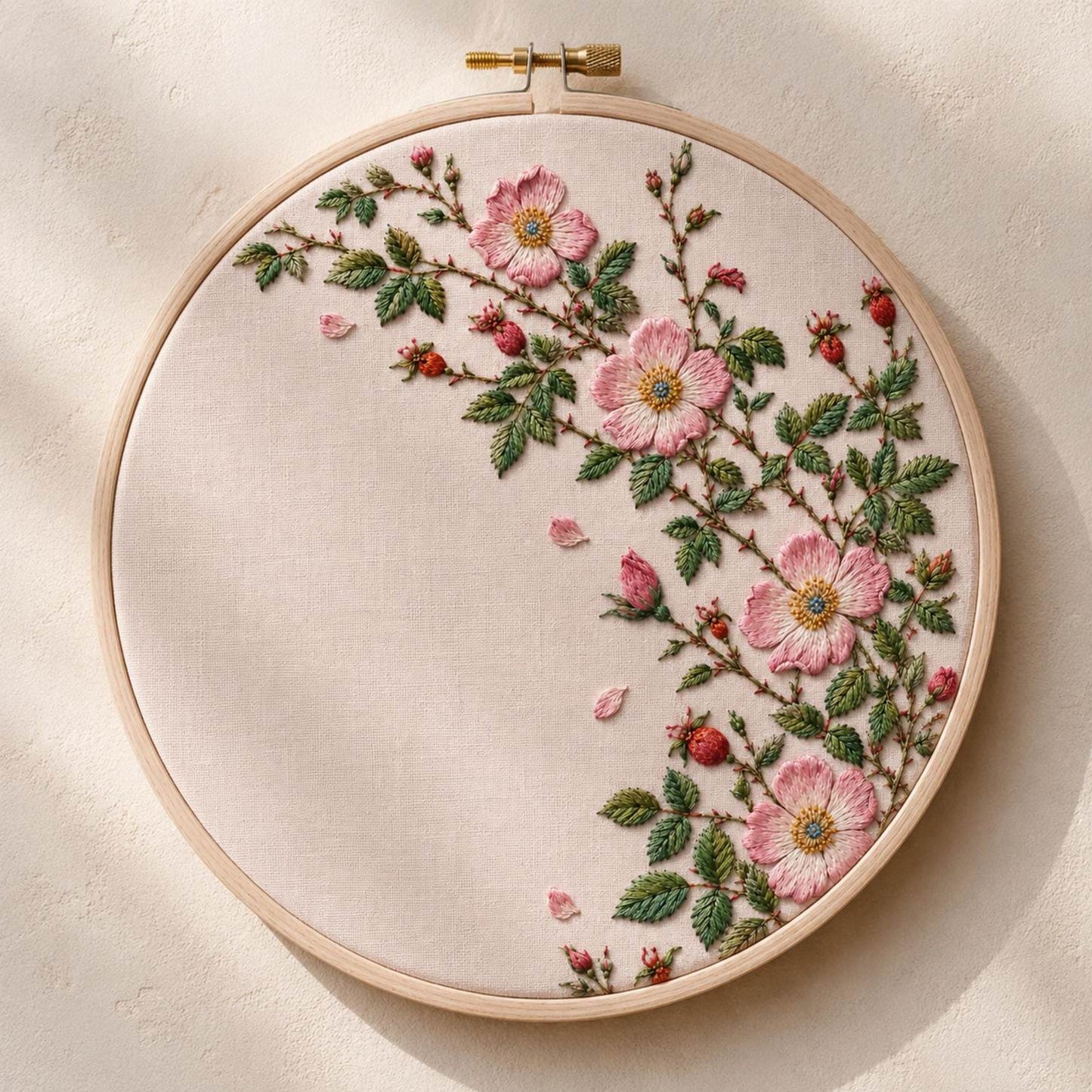 Wild Rose Hedge finished hoop hero for the digital hand embroidery pattern and stitch guide