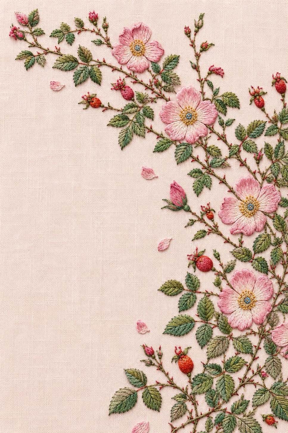Wild Rose Hedge finished embroidery reference for the digital hand embroidery pattern and stitch guide