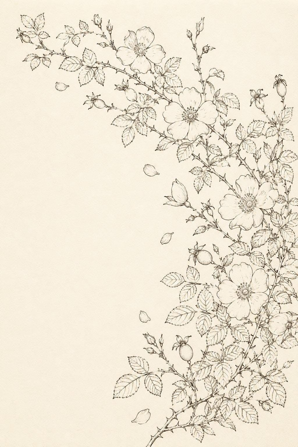 Wild Rose Hedge transfer linework preview for the digital hand embroidery pattern and stitch guide
