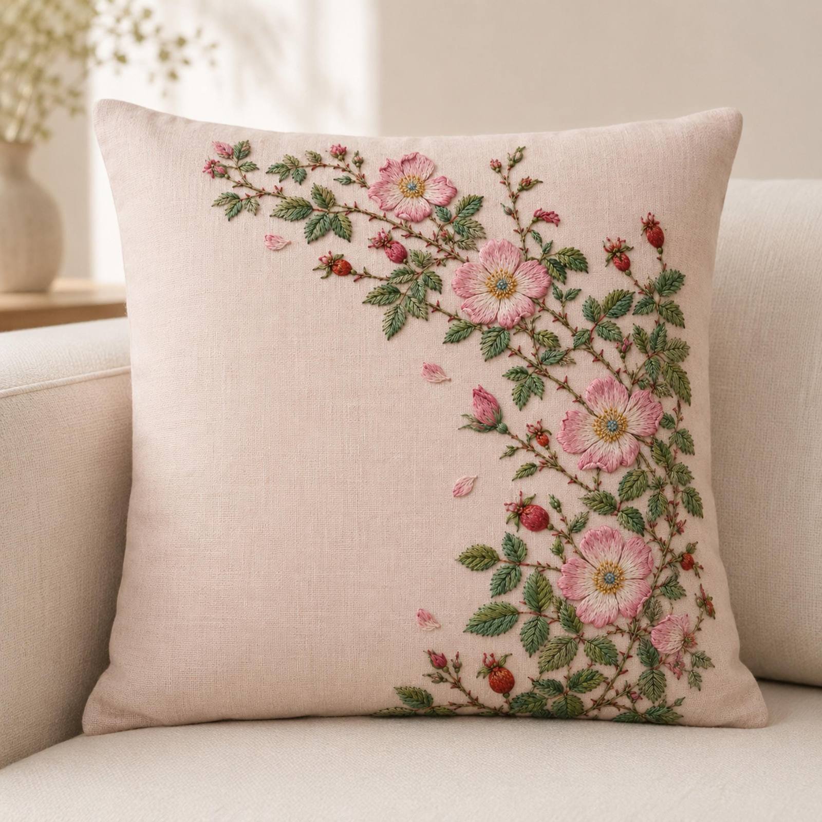 Wild Rose Hedge embroidered project idea for the digital hand embroidery pattern and stitch guide