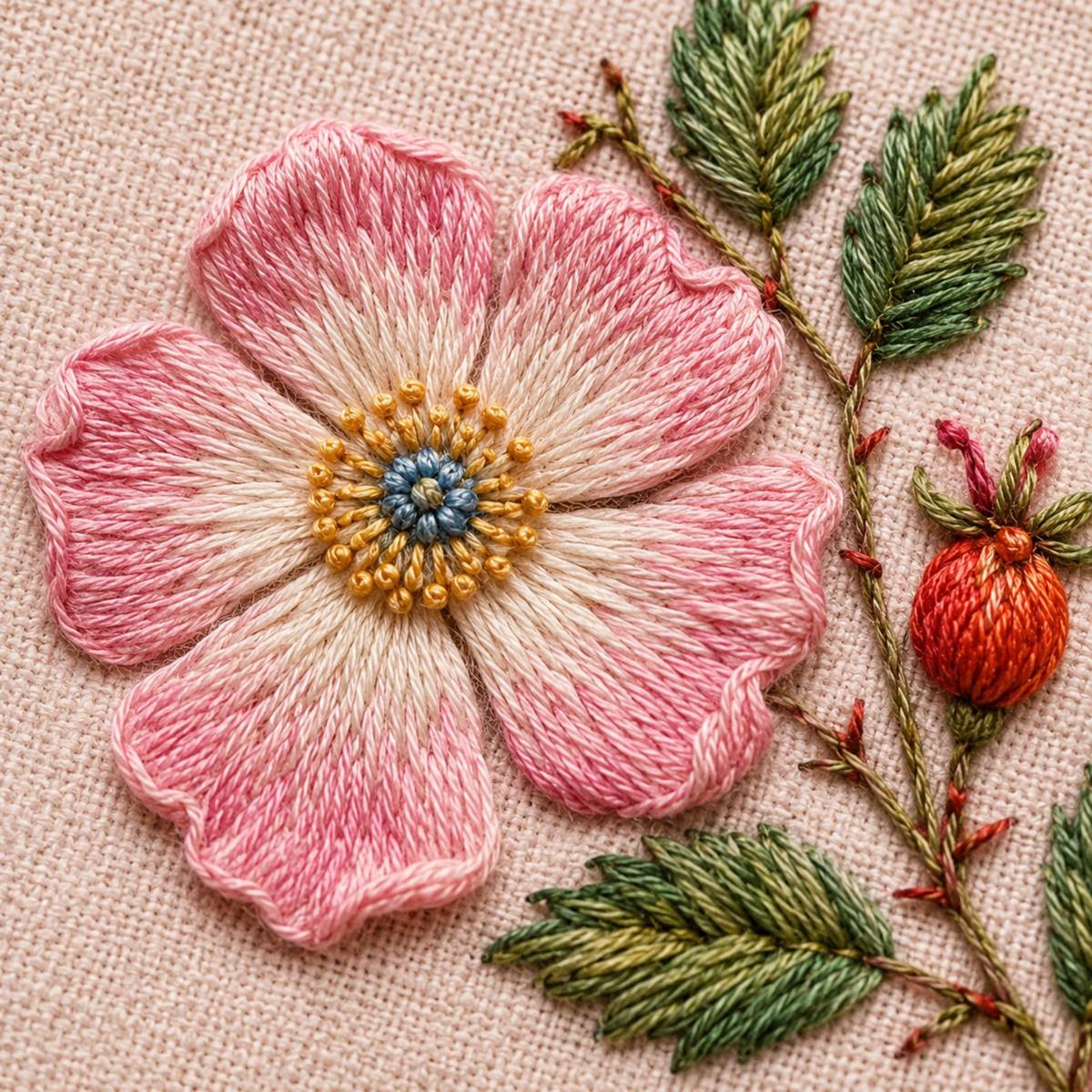 Wild Rose Hedge stitch detail closeup for the digital hand embroidery pattern and stitch guide