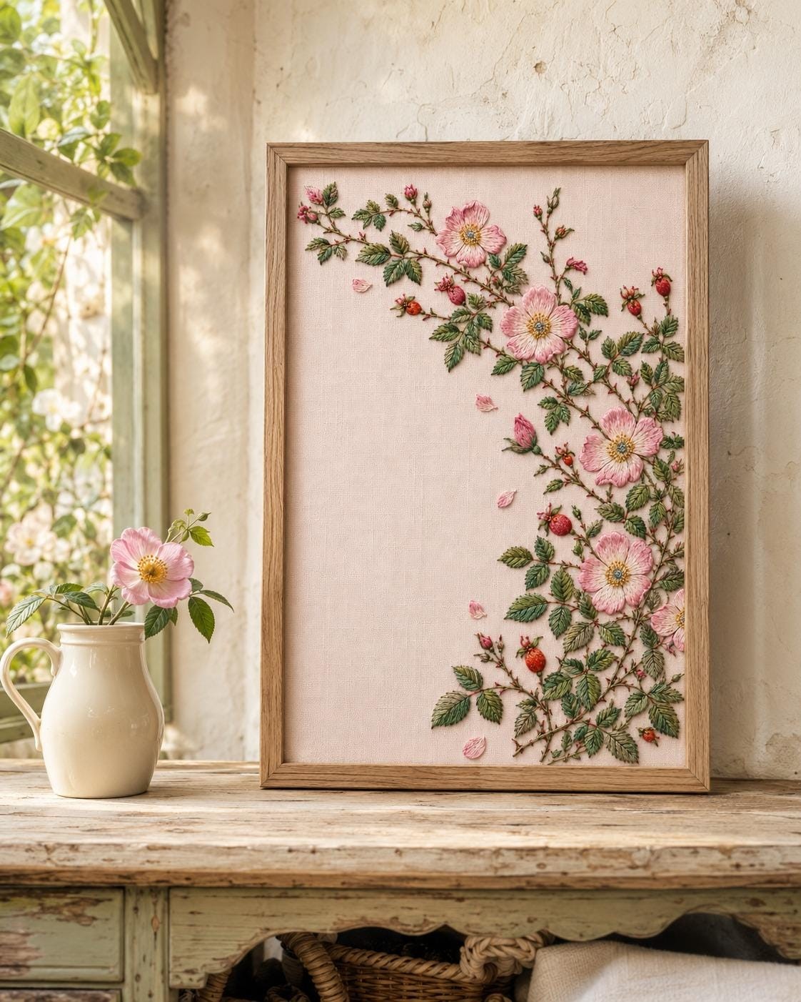 Wild Rose Hedge framed textile display for the digital hand embroidery pattern and stitch guide