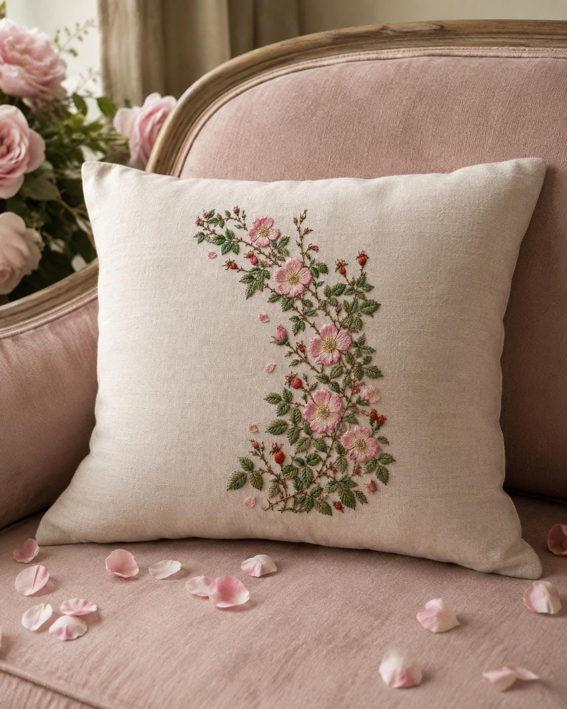 Wild Rose Hedge embroidery portfolio display for the digital hand embroidery pattern and stitch guide