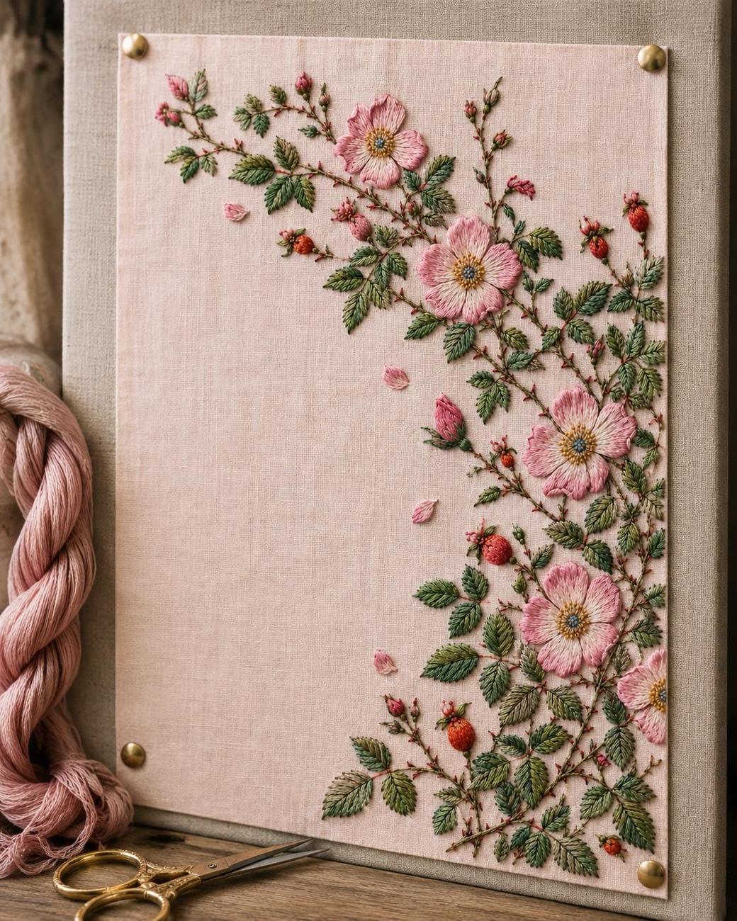 Wild Rose Hedge finished design flatlay for the digital hand embroidery pattern and stitch guide