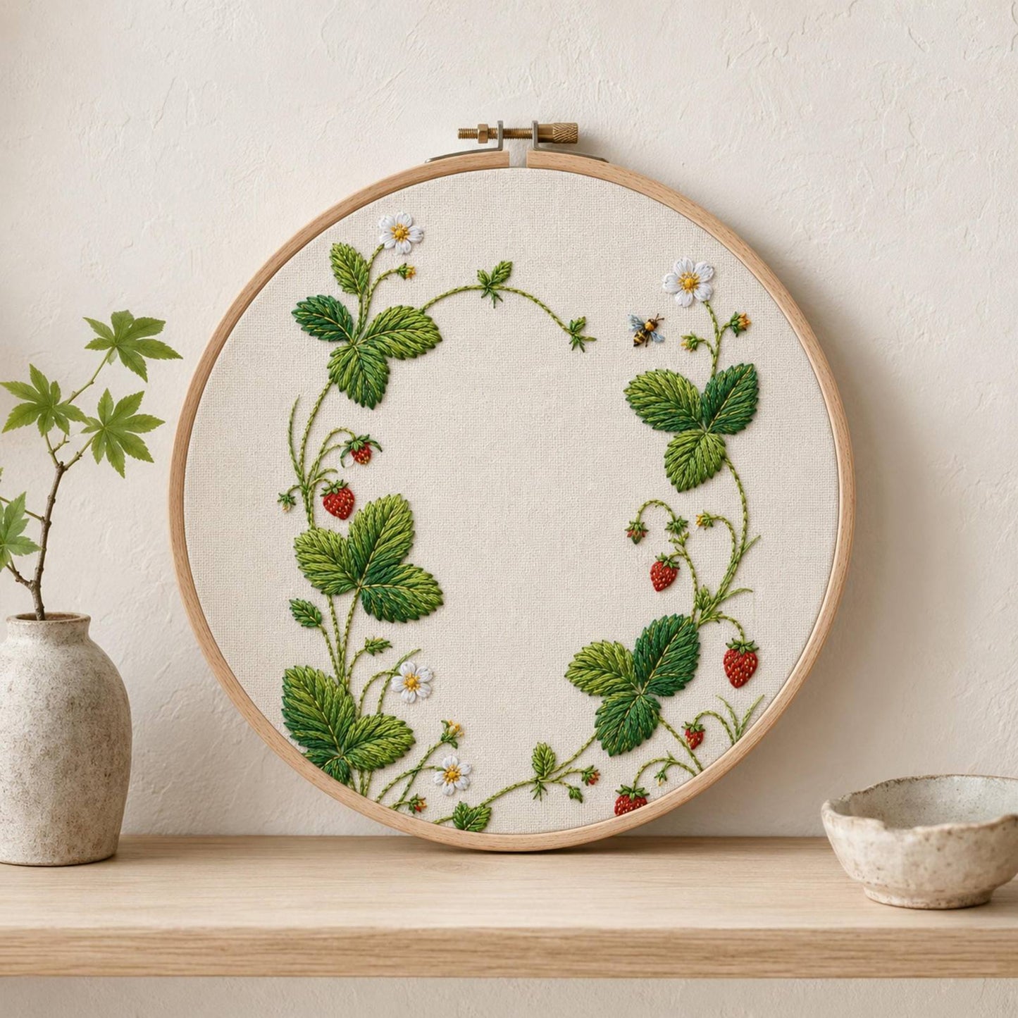 Wild Strawberry Garden finished hoop hero for the digital hand embroidery pattern and stitch guide