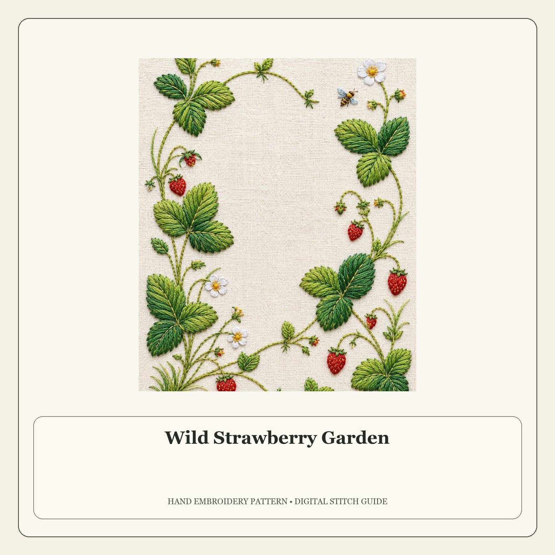 Wild Strawberry Garden stitch guide cover for the digital hand embroidery pattern and stitch guide