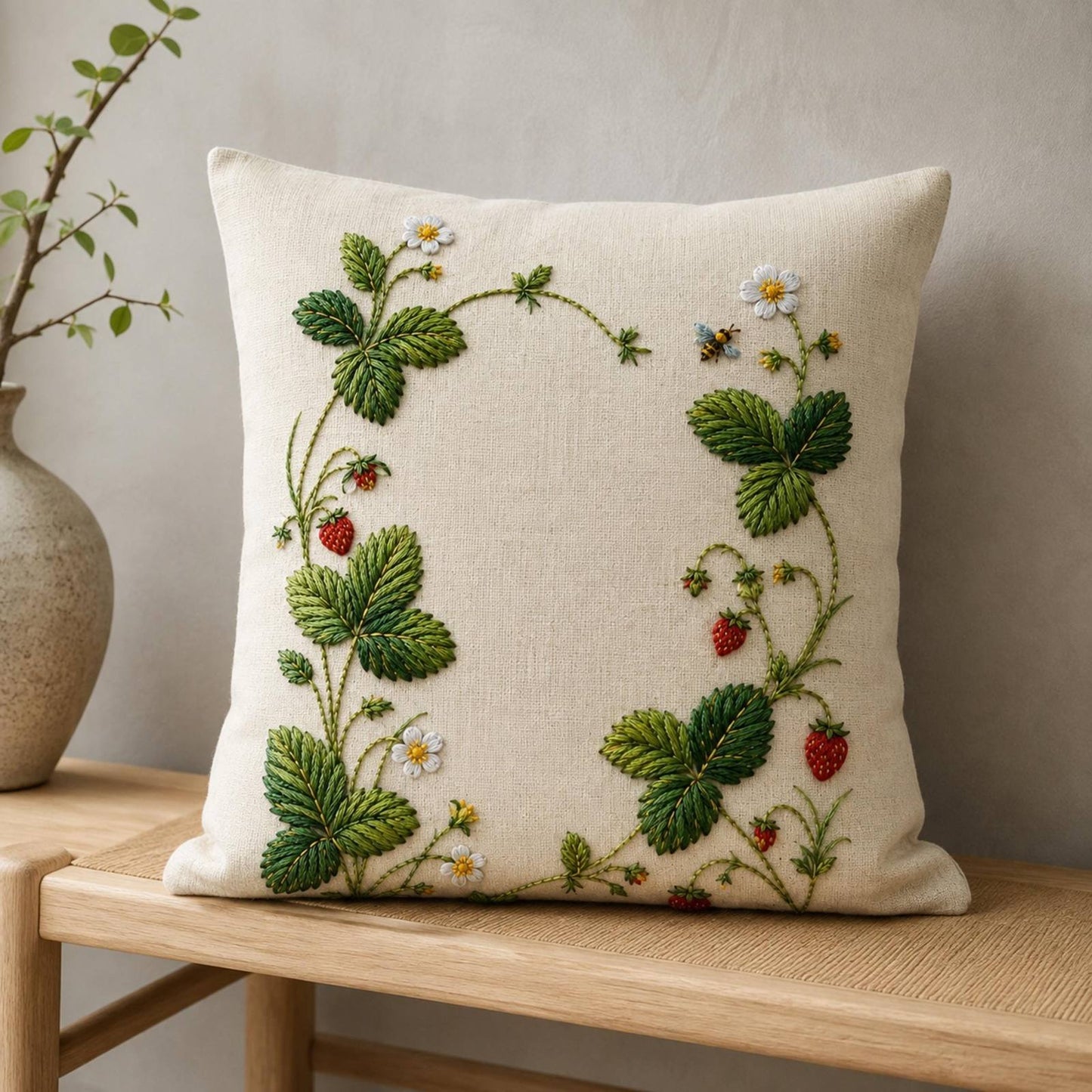 Wild Strawberry Garden embroidered project idea for the digital hand embroidery pattern and stitch guide