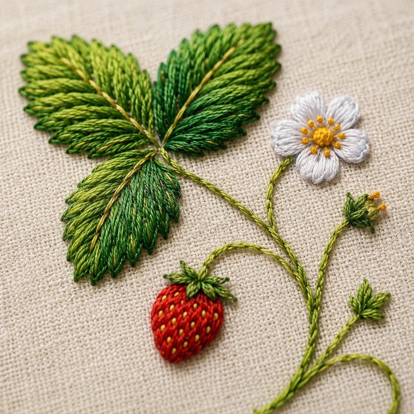 Wild Strawberry Garden stitch detail closeup for the digital hand embroidery pattern and stitch guide