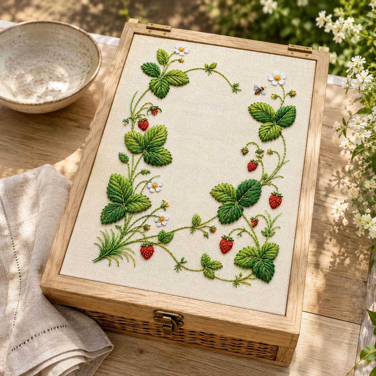 Wild Strawberry Garden embroidery portfolio display for the digital hand embroidery pattern and stitch guide