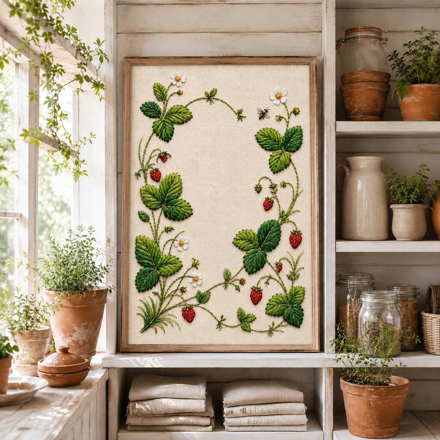 Wild Strawberry Garden finished design flatlay for the digital hand embroidery pattern and stitch guide