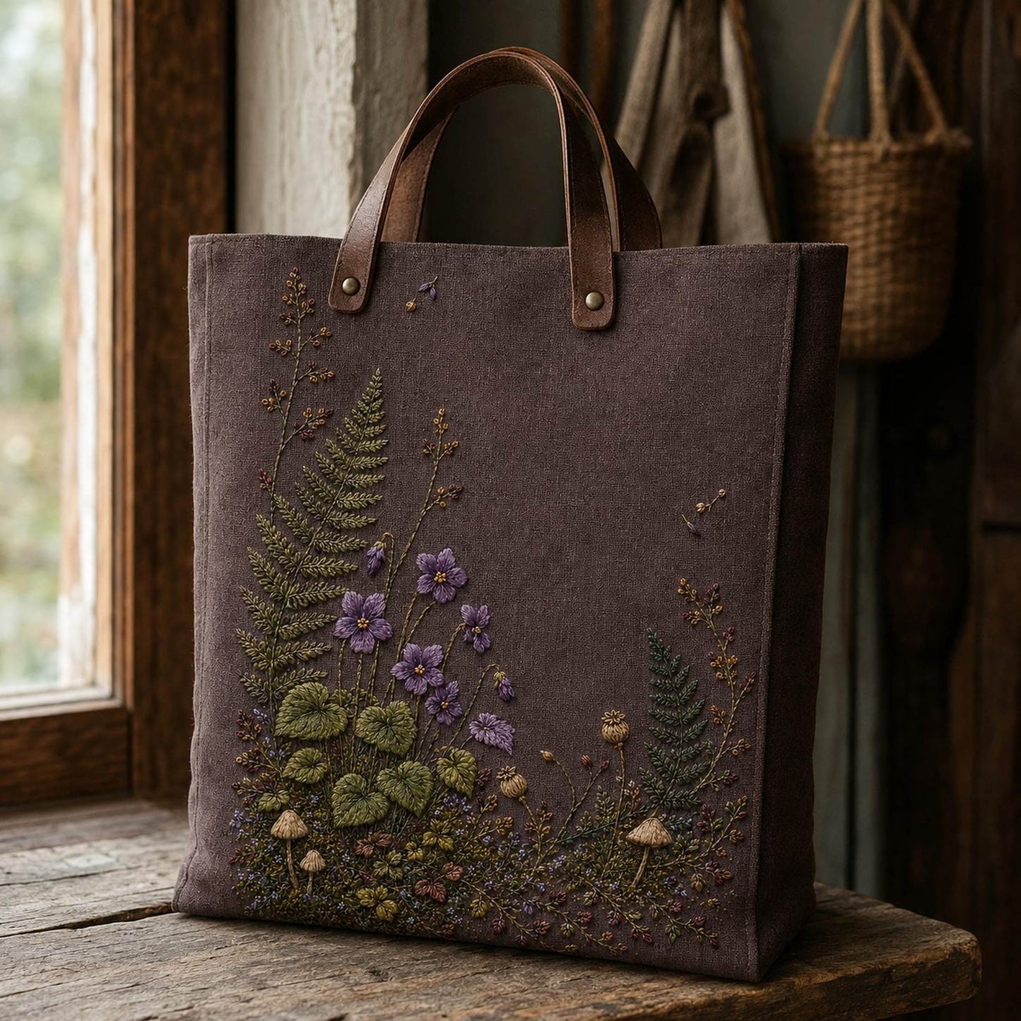 Woodland Violet Floor finished hoop hero for the digital hand embroidery pattern and stitch guide