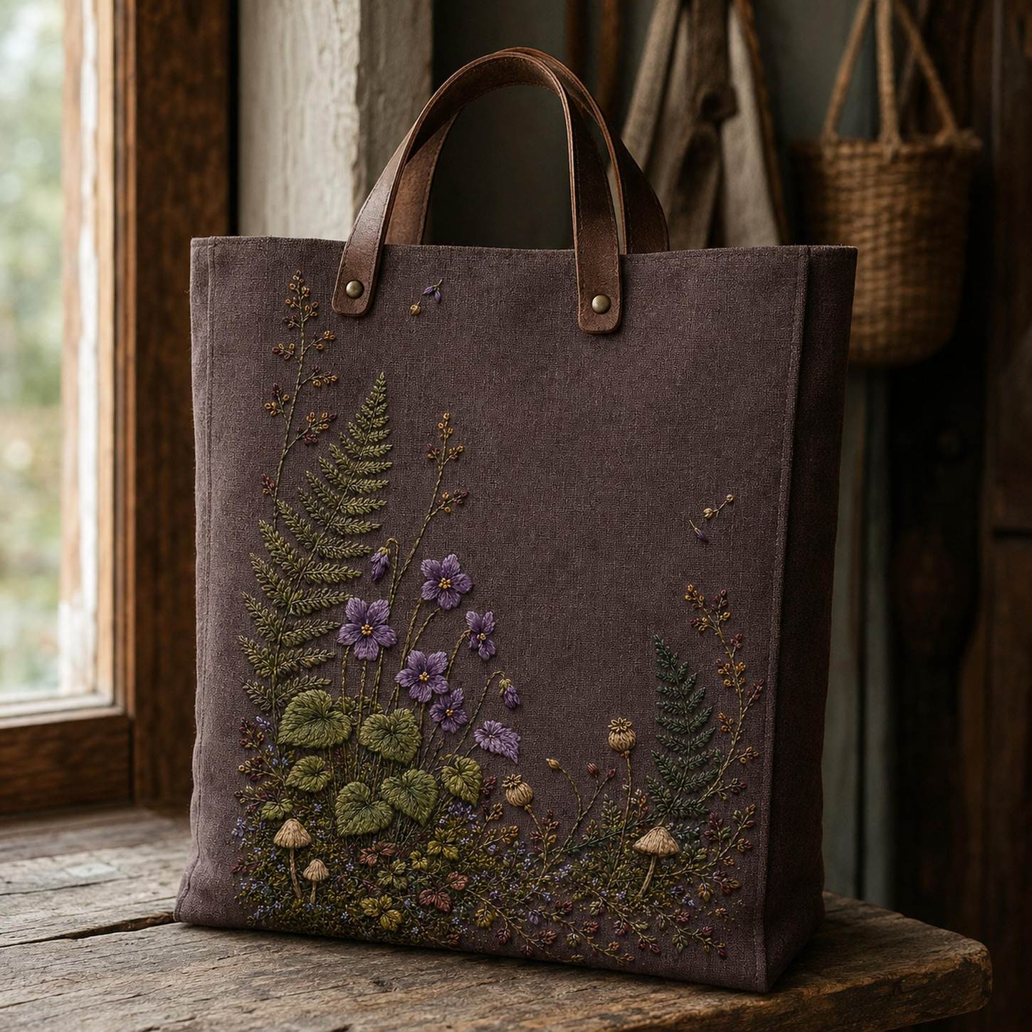 Woodland Violet Floor finished hoop hero for the digital hand embroidery pattern and stitch guide