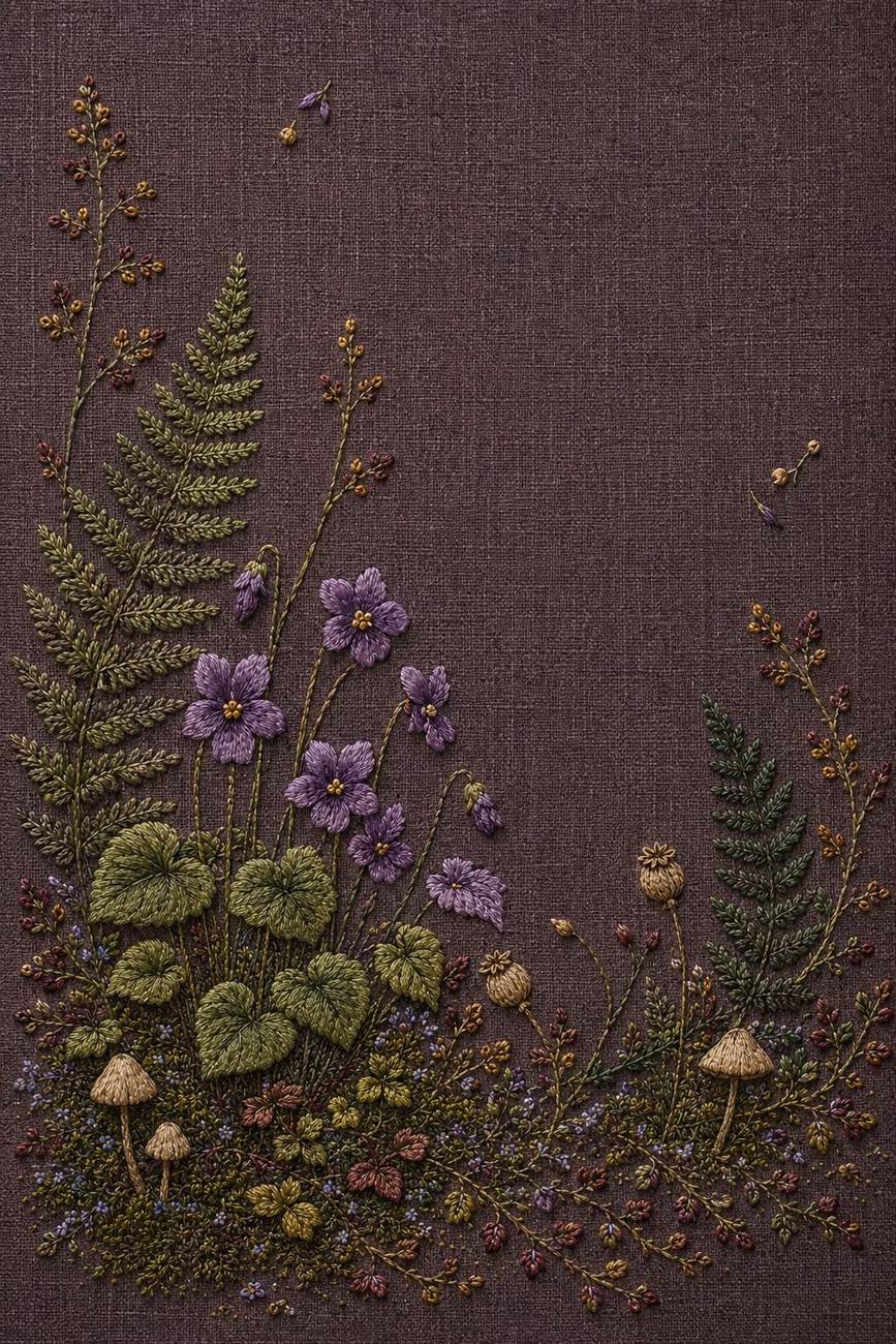 Woodland Violet Floor finished embroidery reference for the digital hand embroidery pattern and stitch guide