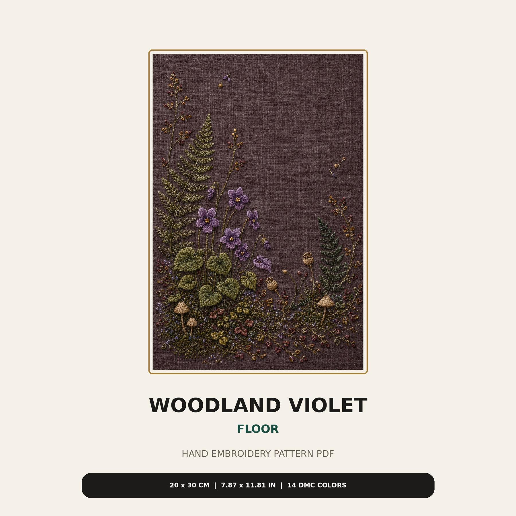 Woodland Violet Floor pattern edition overview for the digital hand embroidery pattern and stitch guide