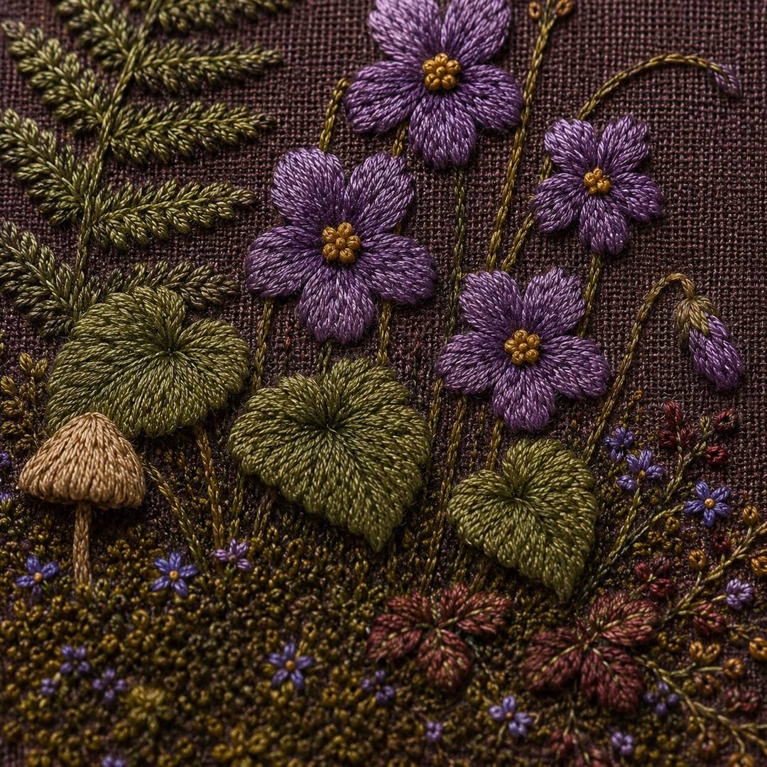 Woodland Violet Floor stitch detail closeup for the digital hand embroidery pattern and stitch guide