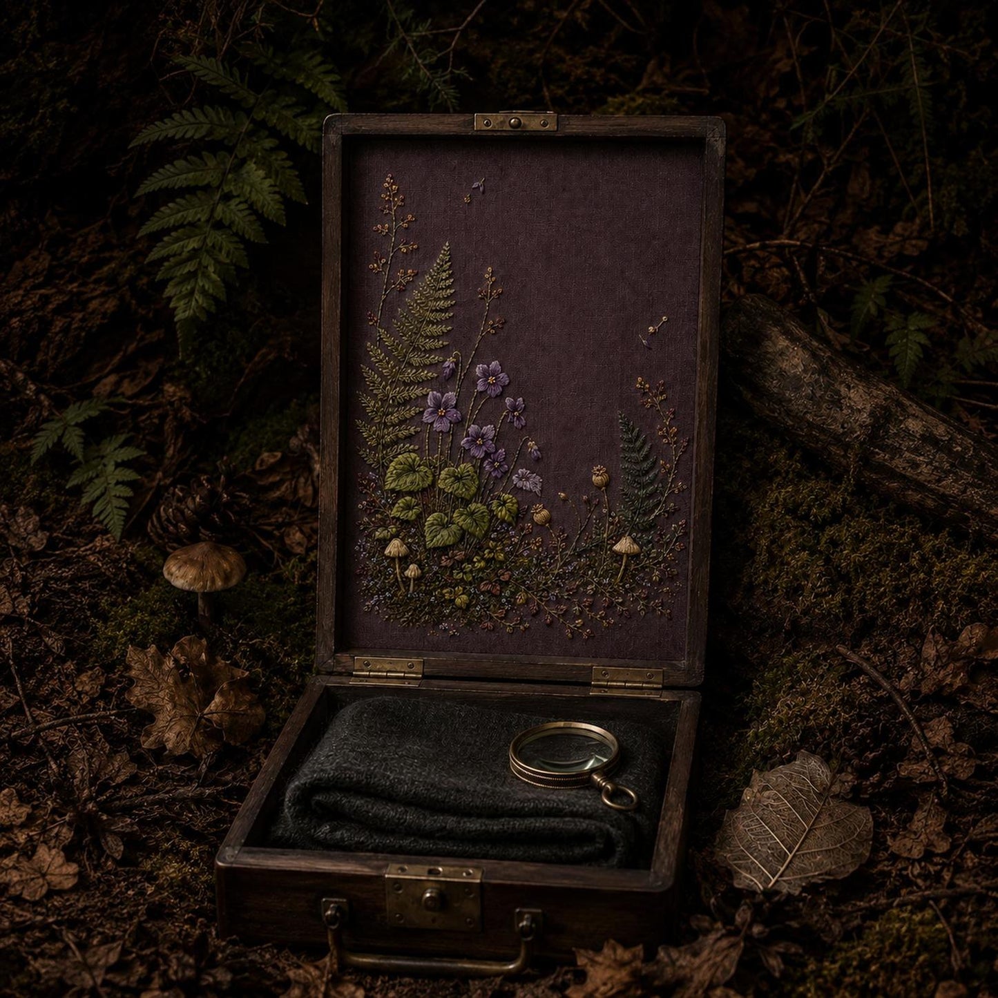Woodland Violet Floor framed textile display for the digital hand embroidery pattern and stitch guide