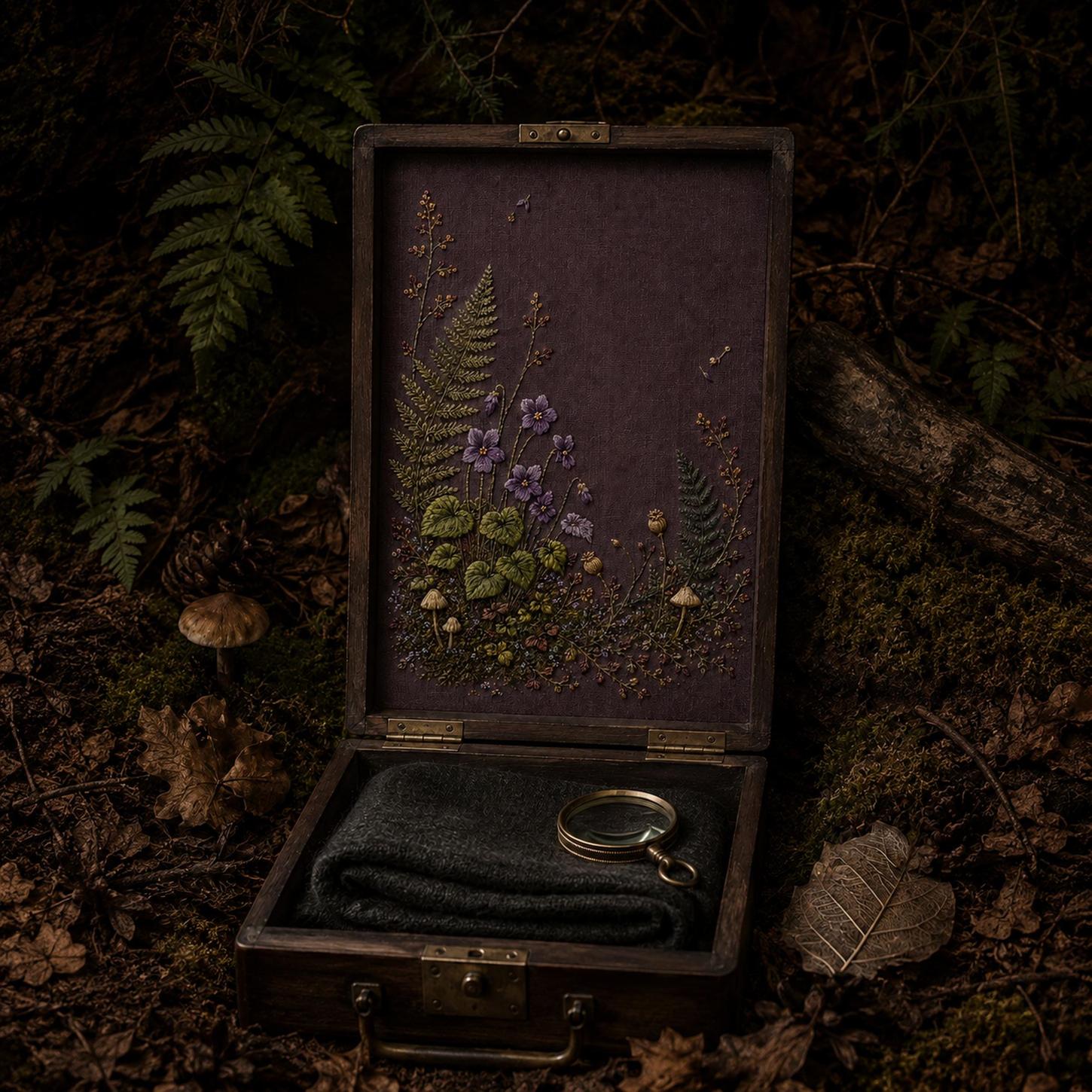 Woodland Violet Floor framed textile display for the digital hand embroidery pattern and stitch guide