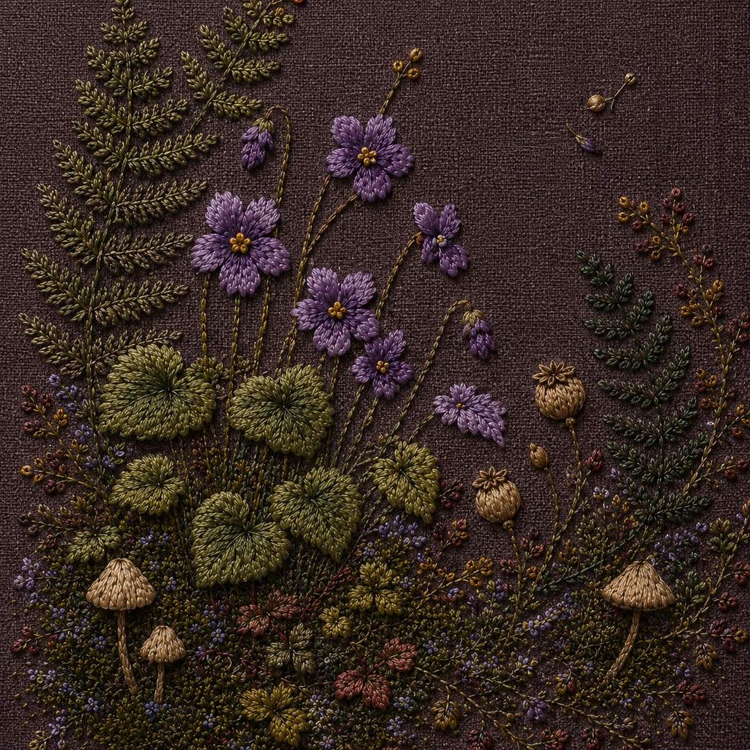Woodland Violet Floor finished design flatlay for the digital hand embroidery pattern and stitch guide