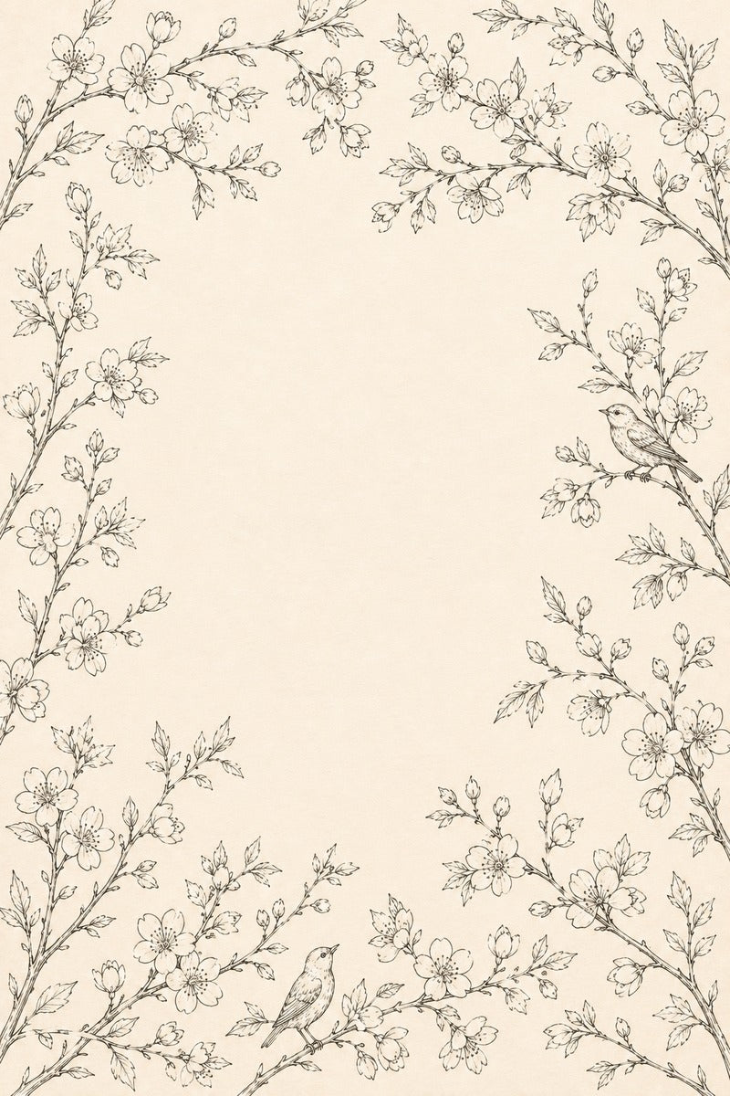 Spring Blossom & Songbird Frame original botanical drawing and hand embroidery pattern reference