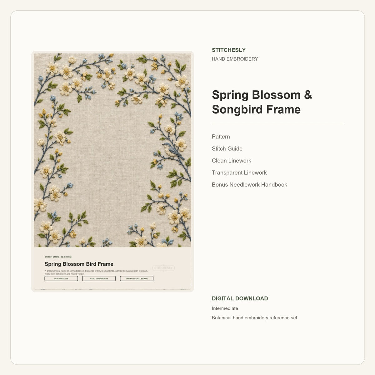 Spring Blossom & Songbird Frame hand embroidery pattern and stitch guide digital cover preview