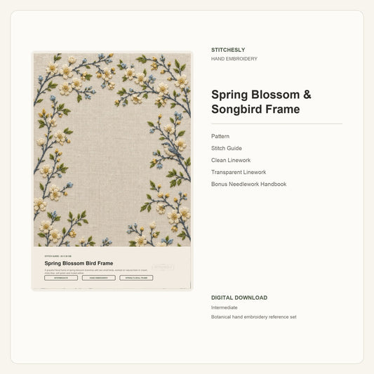Spring Blossom & Songbird Frame hand embroidery pattern and stitch guide digital cover preview