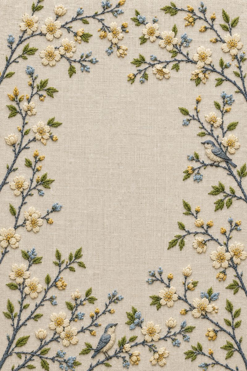 Spring Blossom & Songbird Frame finished embroidered botanical reference on fabric