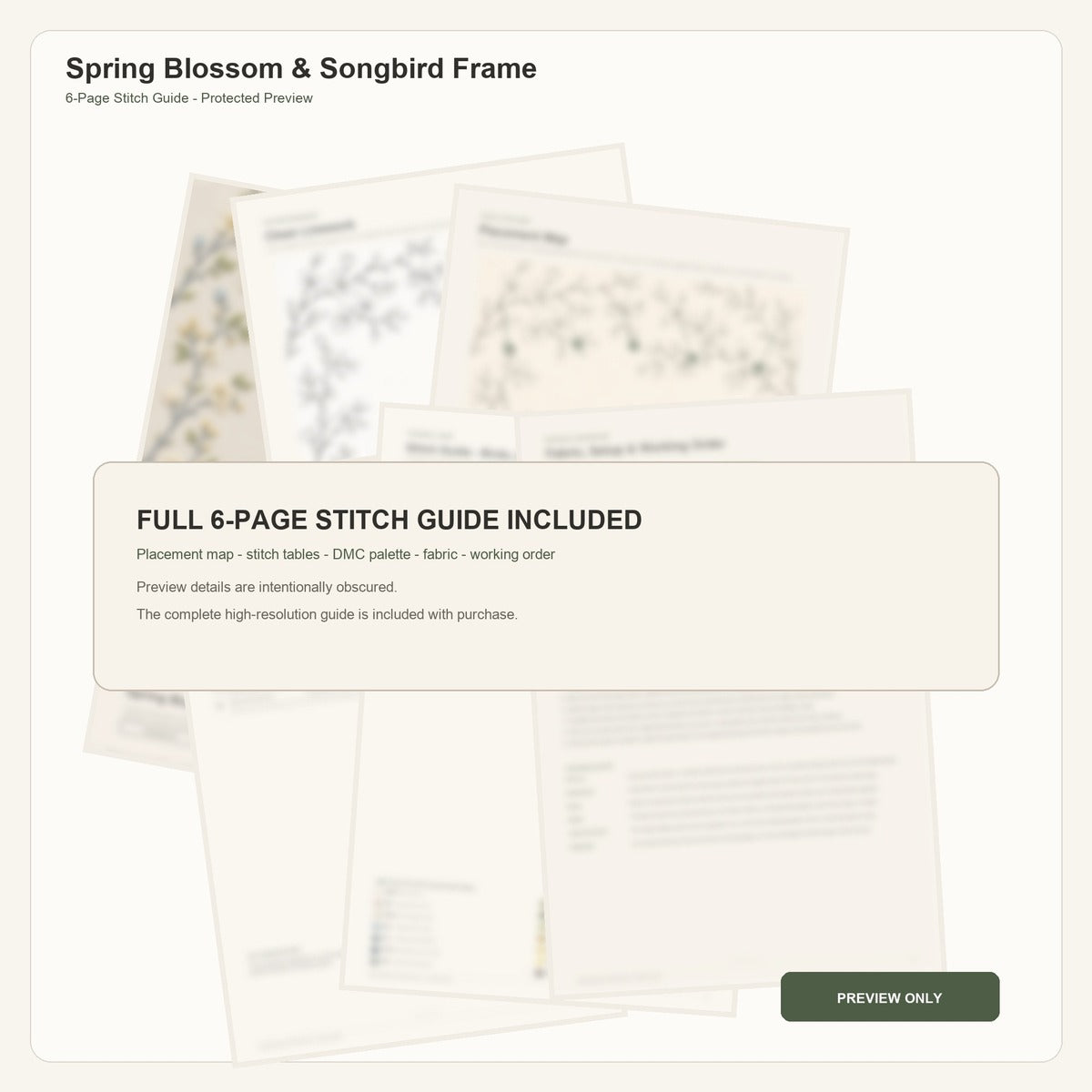 Spring Blossom & Songbird Frame protected six-page stitch guide overview with intentionally obscured technical details