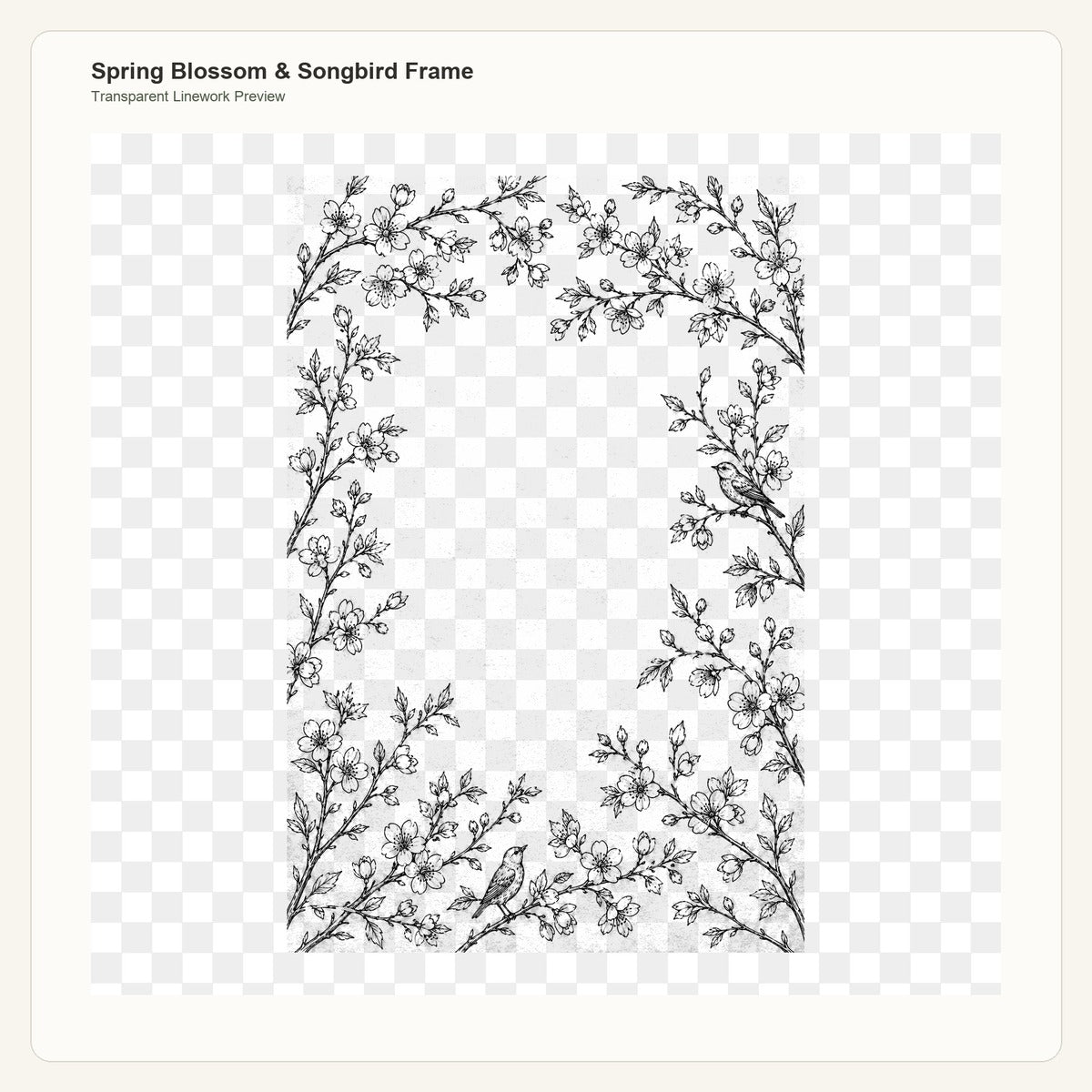 Spring Blossom & Songbird Frame transparent linework PNG preview for embroidery pattern transfer
