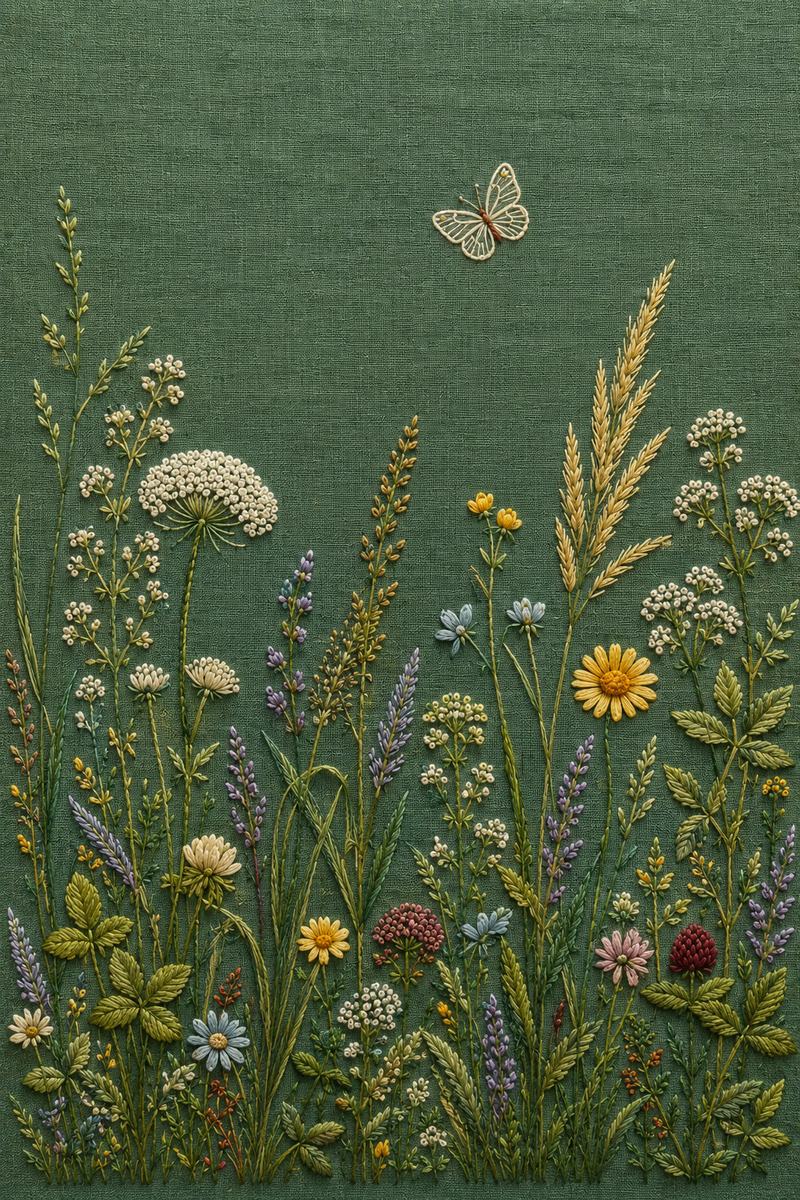 Deep Green Meadow finished embroidery reference included in Spring Meadow & Floral Frames