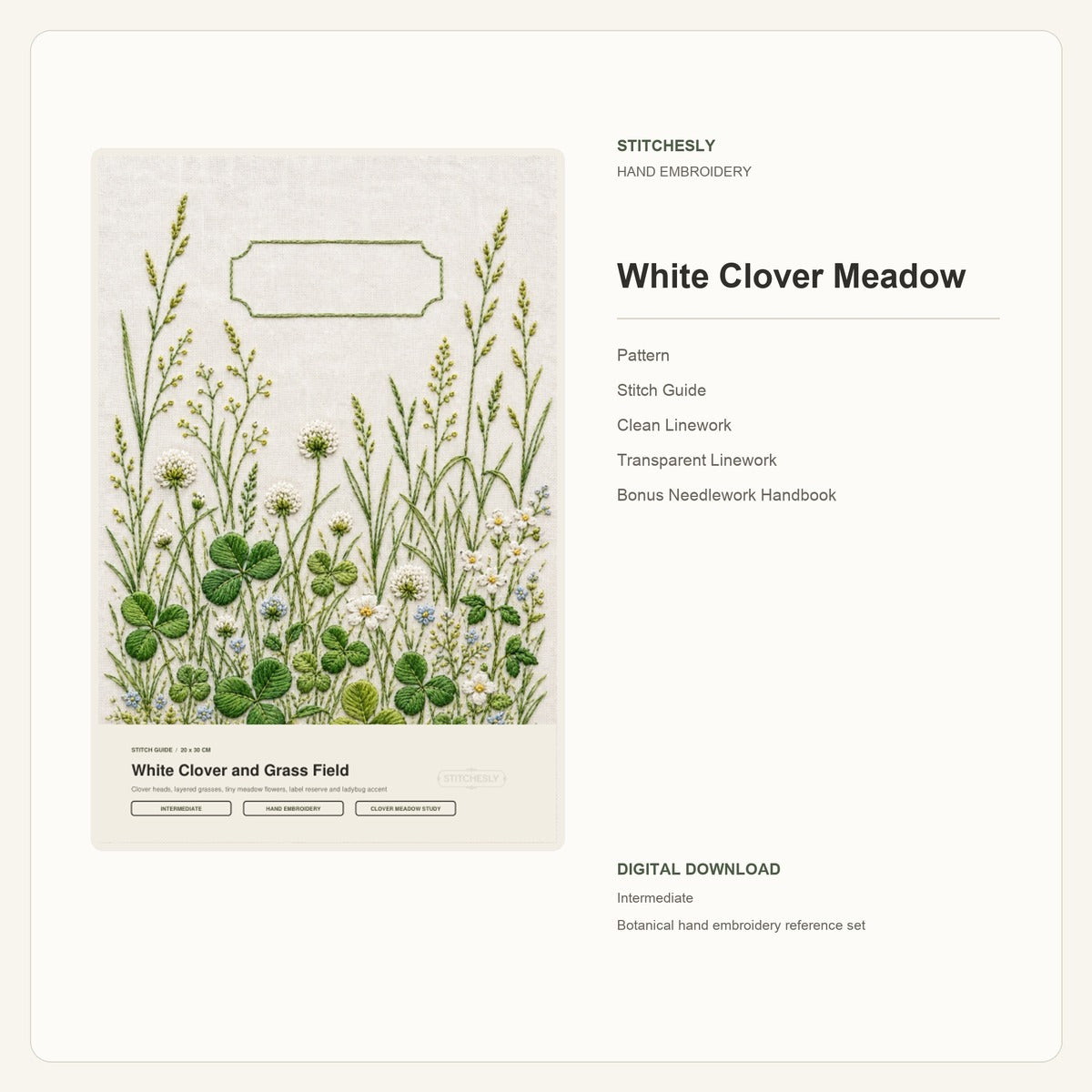 White Clover Meadow hand embroidery pattern and stitch guide digital cover preview