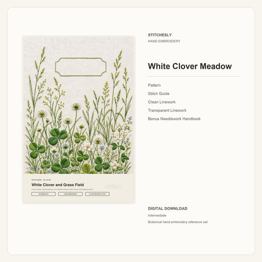 White Clover Meadow hand embroidery pattern and stitch guide digital cover preview