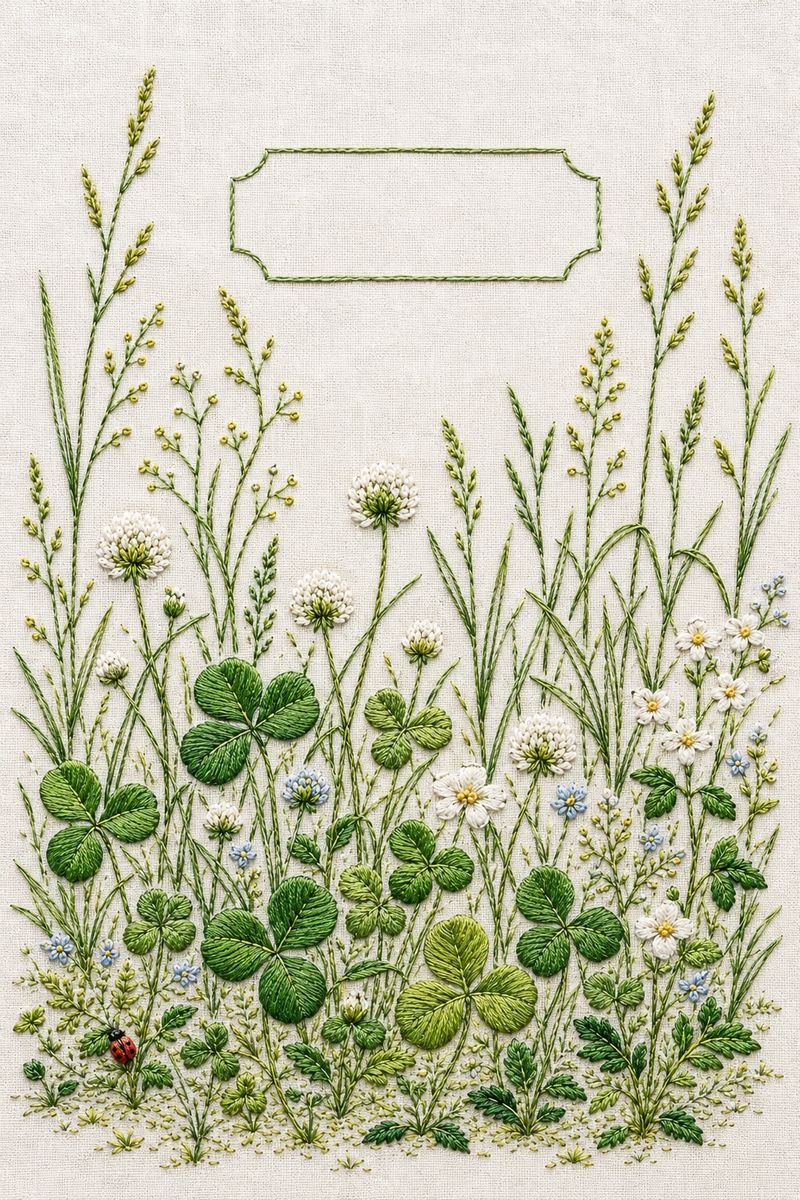 White Clover Meadow finished embroidered botanical reference on fabric